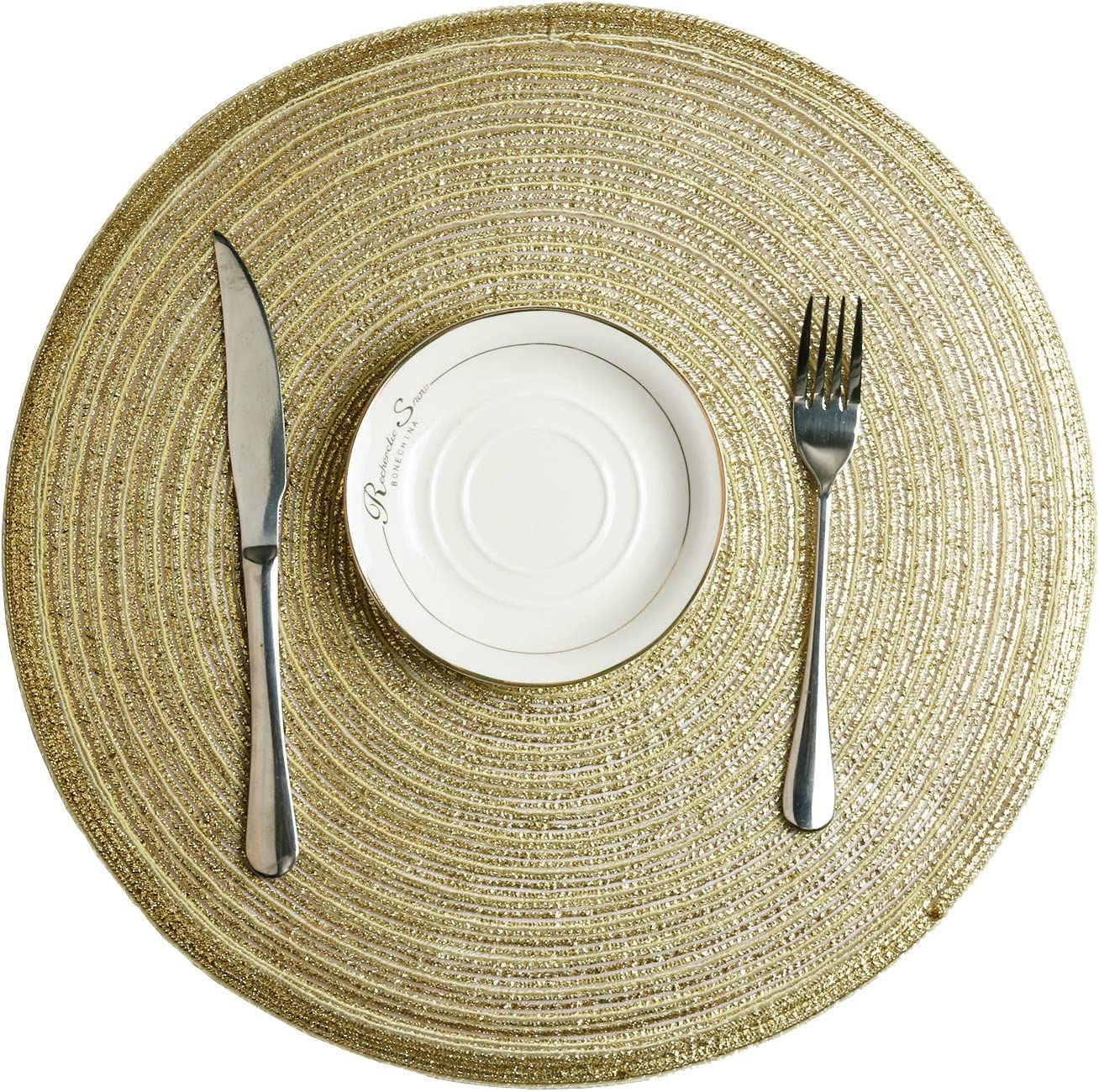 Shacos Glitter Gold Round Braided Placemats Set Of 8 Sparkle Washable 15 Inch Round Table Mats Woven Place Mats For Dining Table