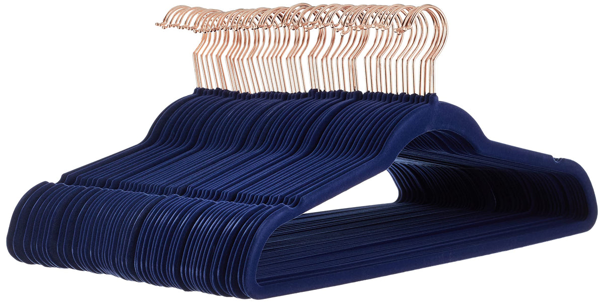 Amazon Basics Slim Velvet, Non-Slip Suit Clothes Hangers, Pack Of 50, Navy Blue/Rose Gold