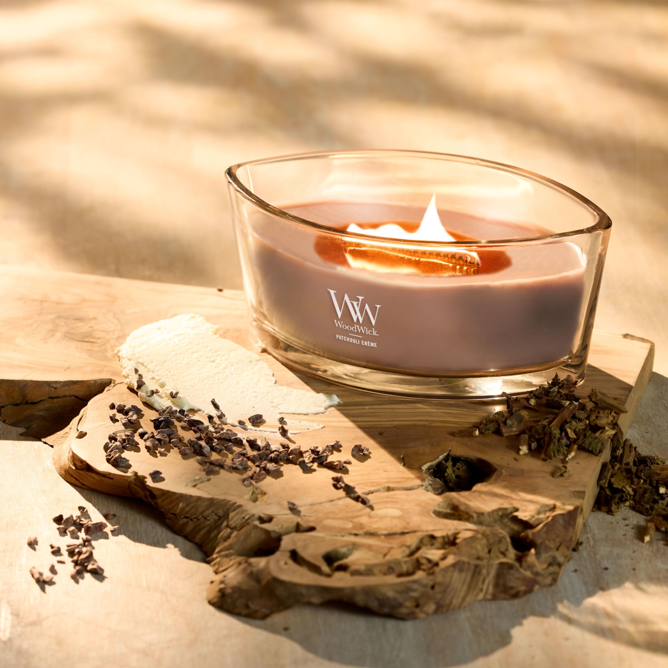 WoodWick Patchouli Crme Gifts for Women and Men, 16 oz Ellipse Candle with Crackling Wick