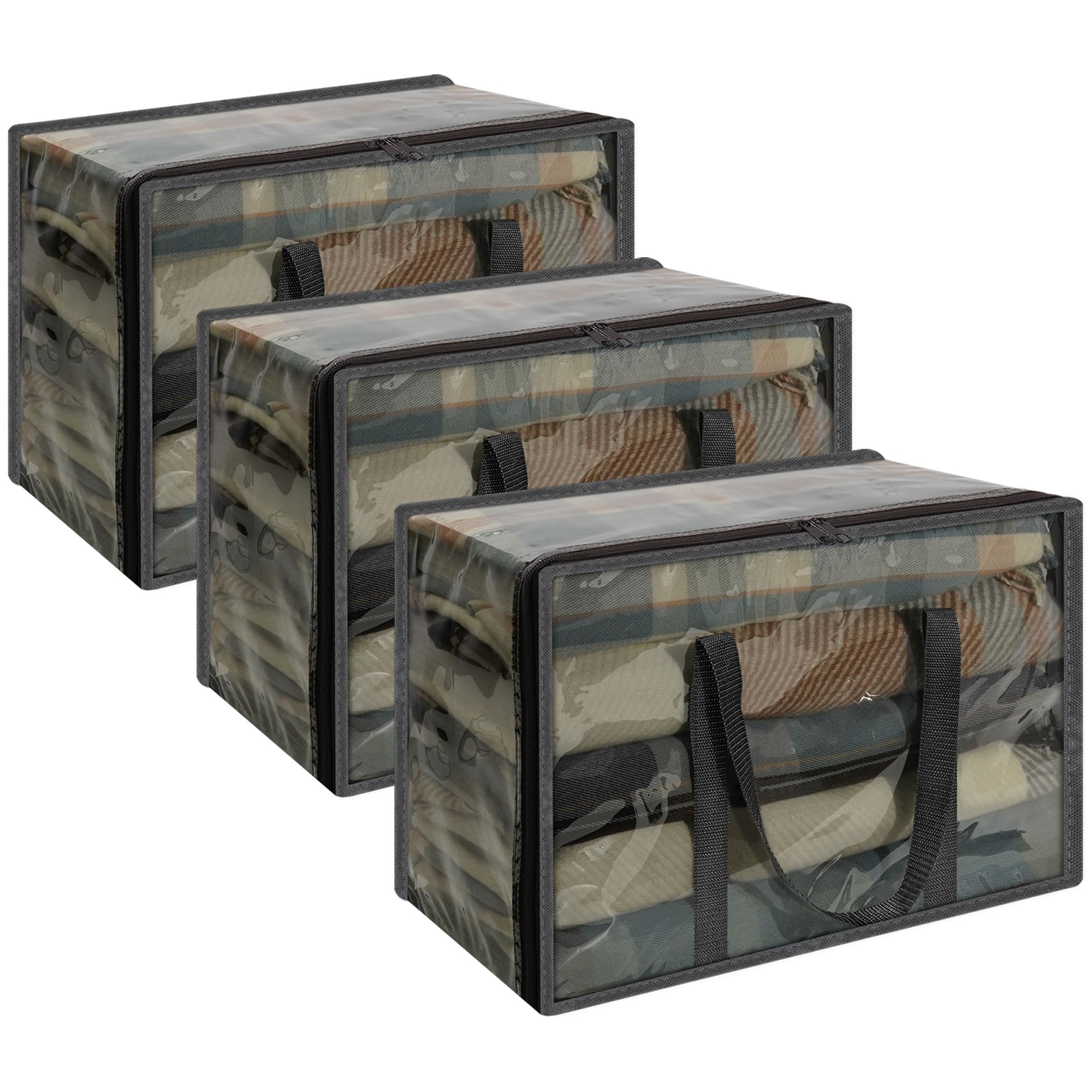 Vieshful 60L Clear Clothes Storage Bag with Zipper 3 Pack Colorful Clothes Organizer Vinyl Storage Bag for Comforter, Blanket, B