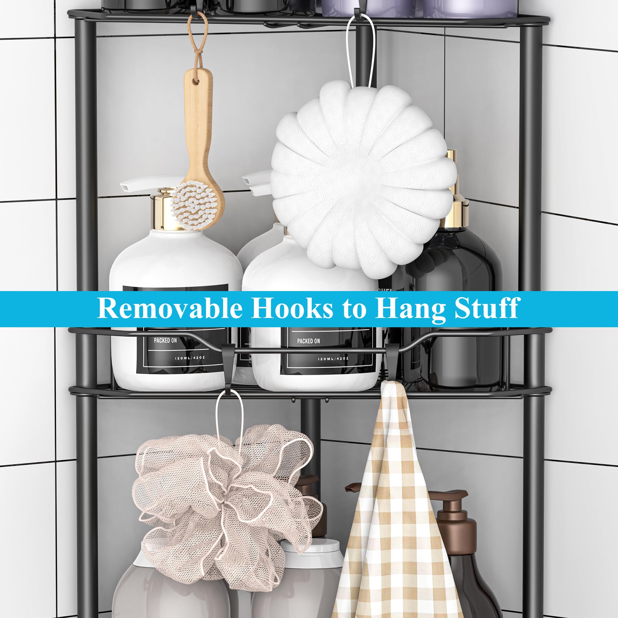 Huggiegems 4 Tier Floor Standing Corner Shower Caddy Organizer Shelf With Hooks, Bathroom Shelves Stand Rack, Matt Black