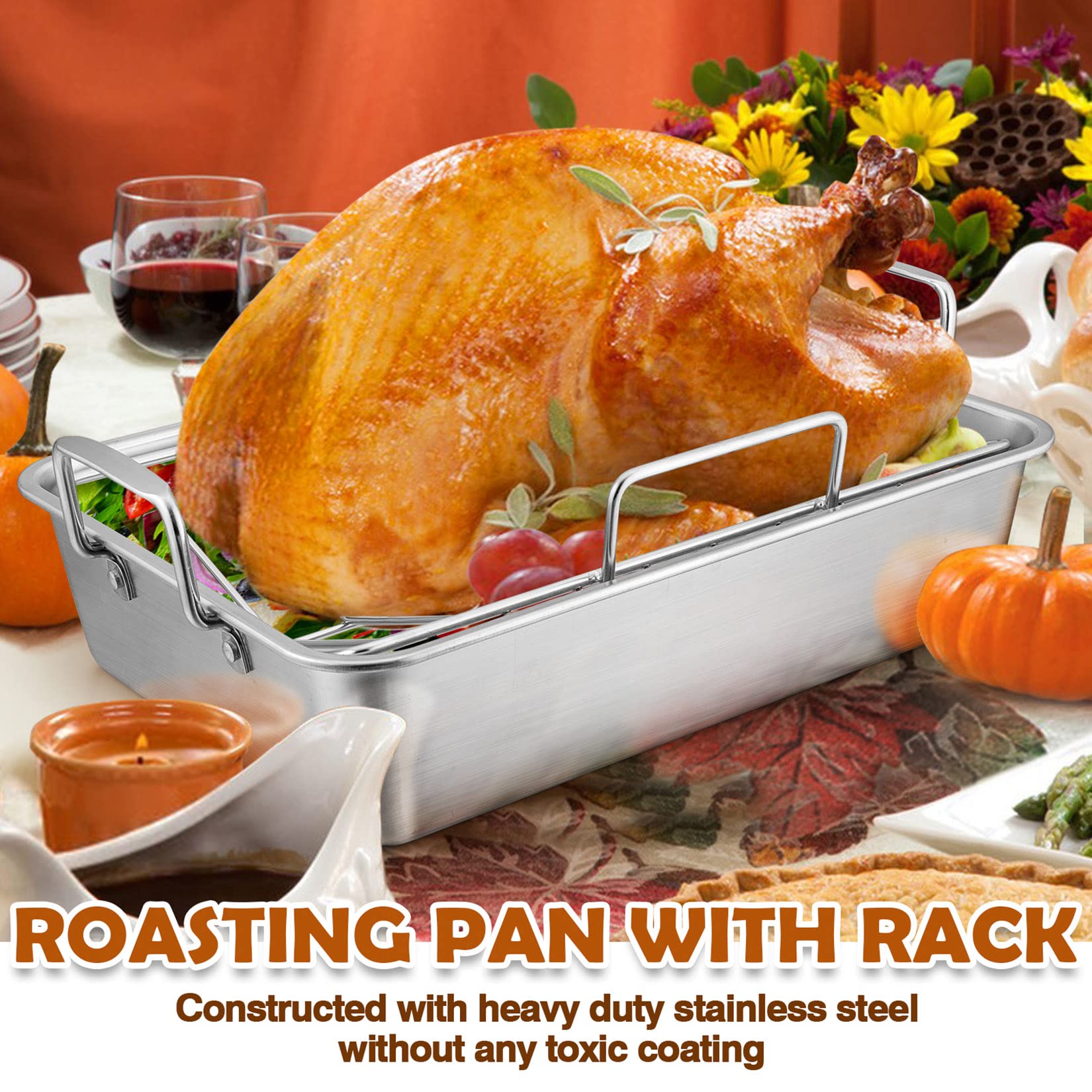 Joyfair 14-Inch Roasting Pan With Rack, Stainless Steel Turkey Roaster Baking Pan & V-Shaped Rack For Chicken Meat Vegetable, Re