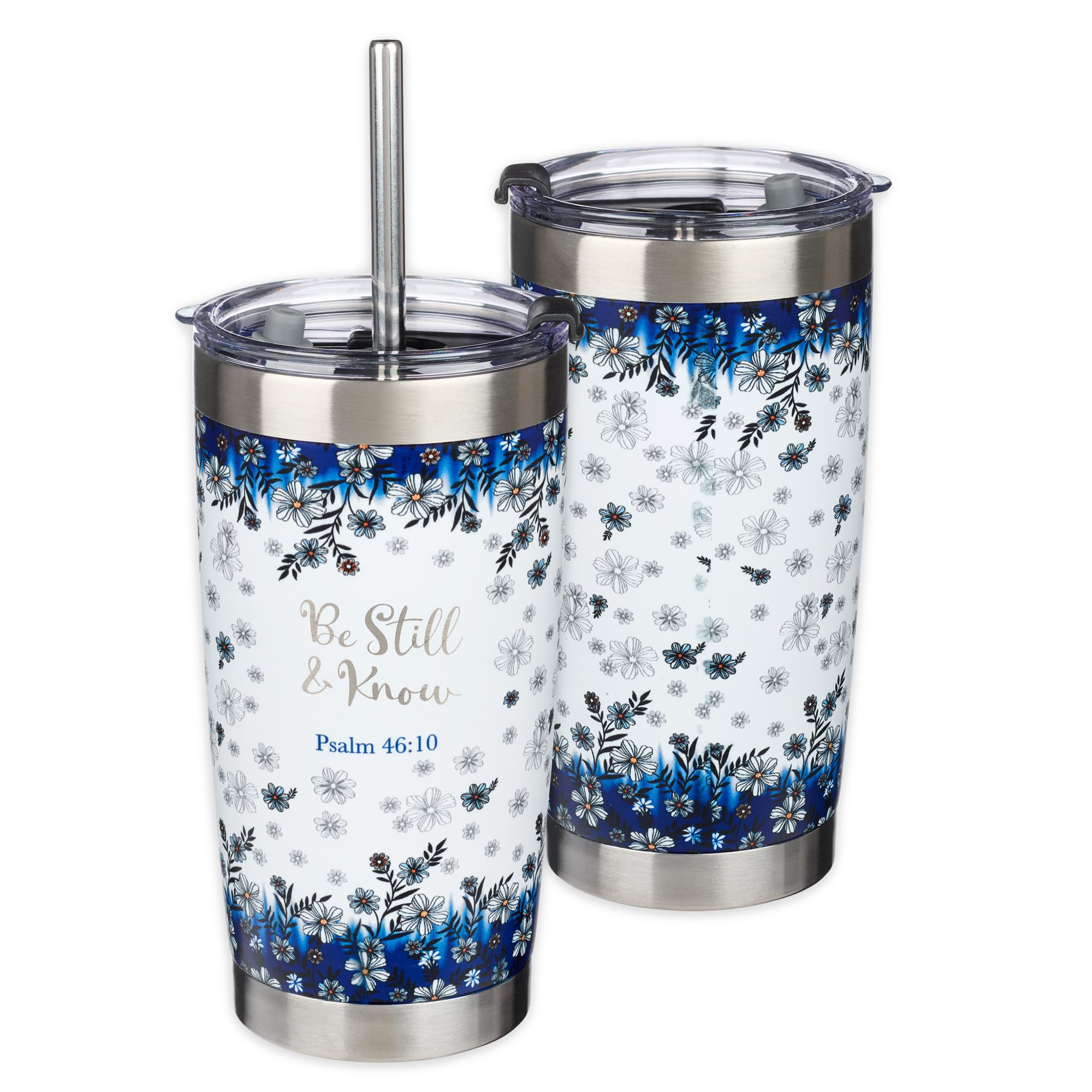 Christian Art Gifts Double Wall Vacuum Insulated Stainless Steel Travel Mug And Straw 18 Oz Blue Floral Camp Style Coffee Mug Wi