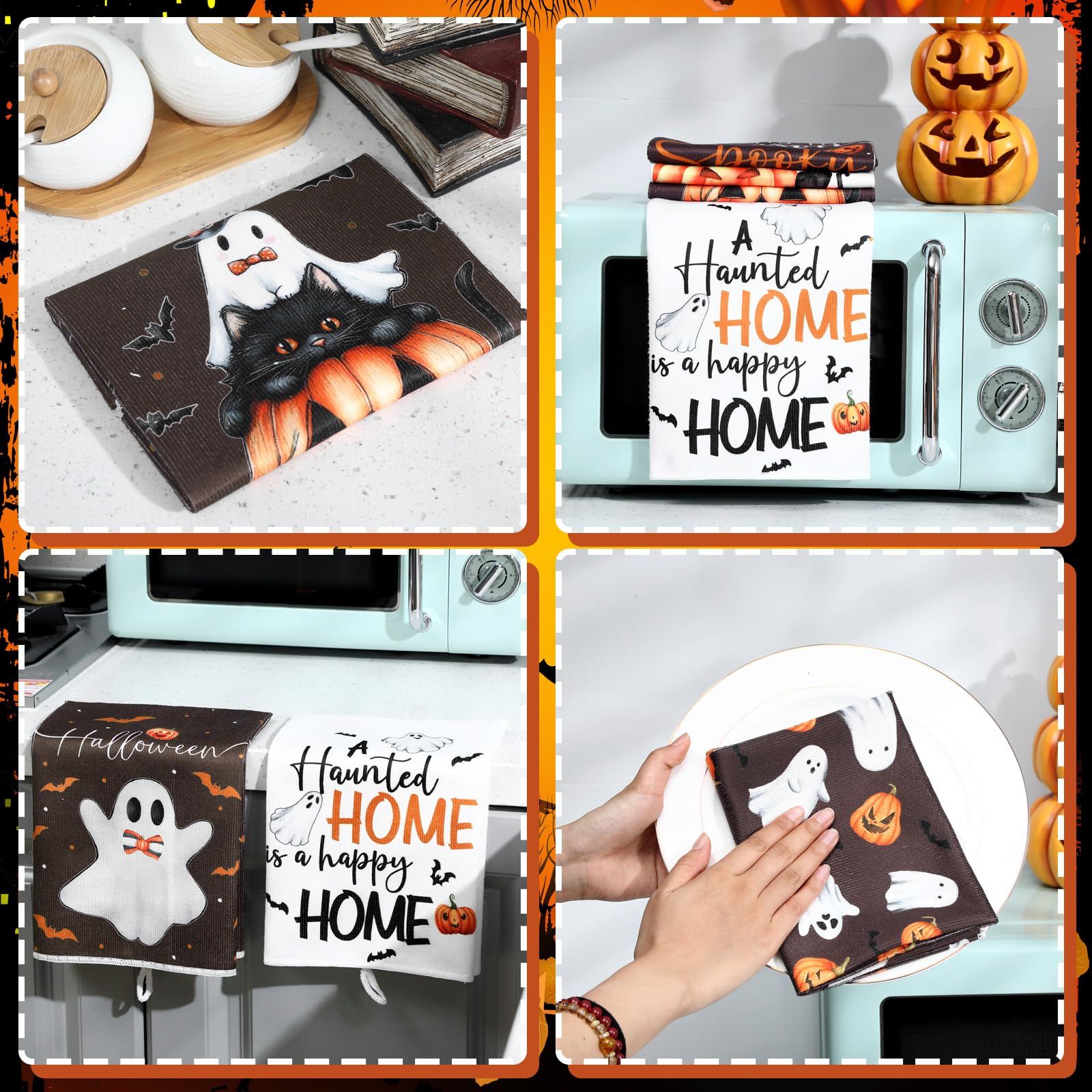 Bencailor 6 Pcs Halloween Kitchen Towels Ghost Pumpkin Dish Hand Towels Gothic Ghost Boo Tea Washcloth for Halloween Party Gifts