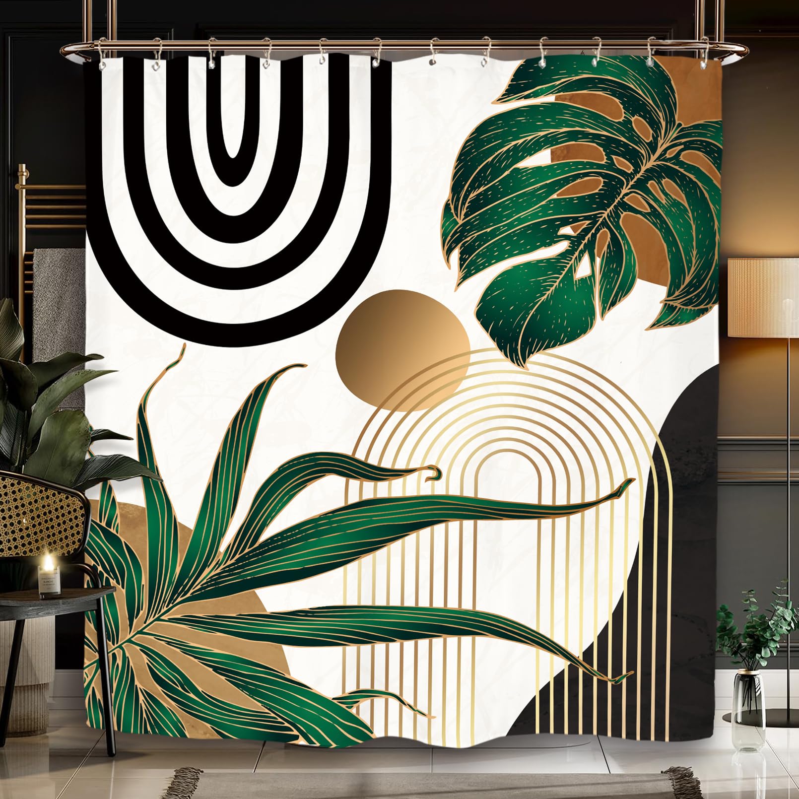 Miyotaa Emerald Green Abstract Shower Curtain Set 60Wx71H Inches Mid Century Minimalist Aesthetic Modern Contemporary Plant Trop