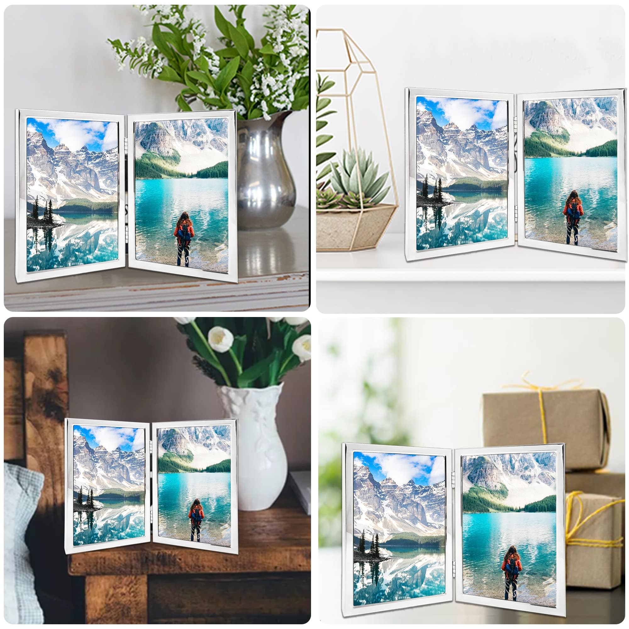 3.5x5 Picture Frame Double Hinged Silver Metal Thin Edge Frame with High Definition Glass Front Folding Frames Stand Vertically