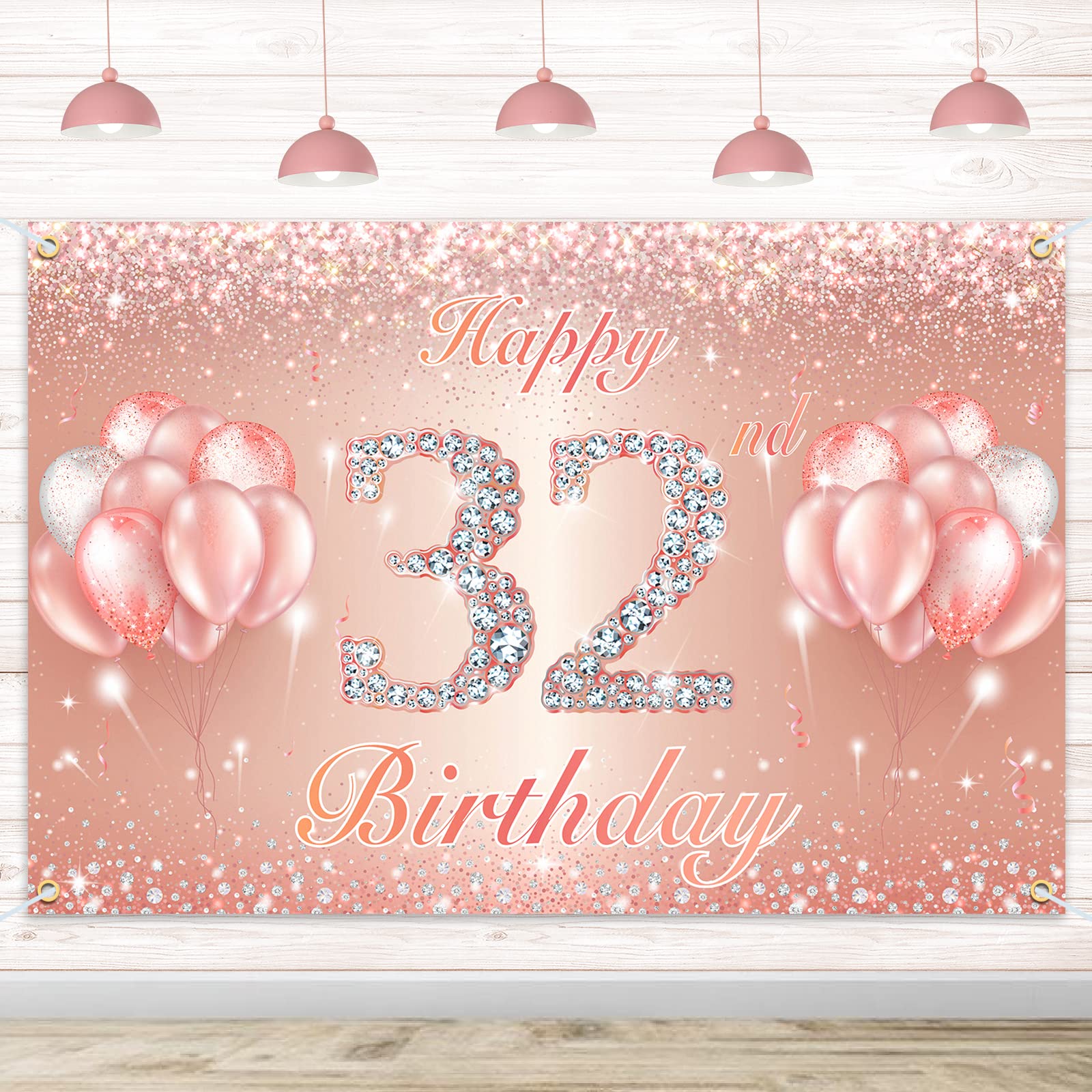 Happy 32Nd Birthday Banner Backdrop - 32 Birthday Party Decorations Supplies For Women Or Men - Rose Gold 4 X 6Ft