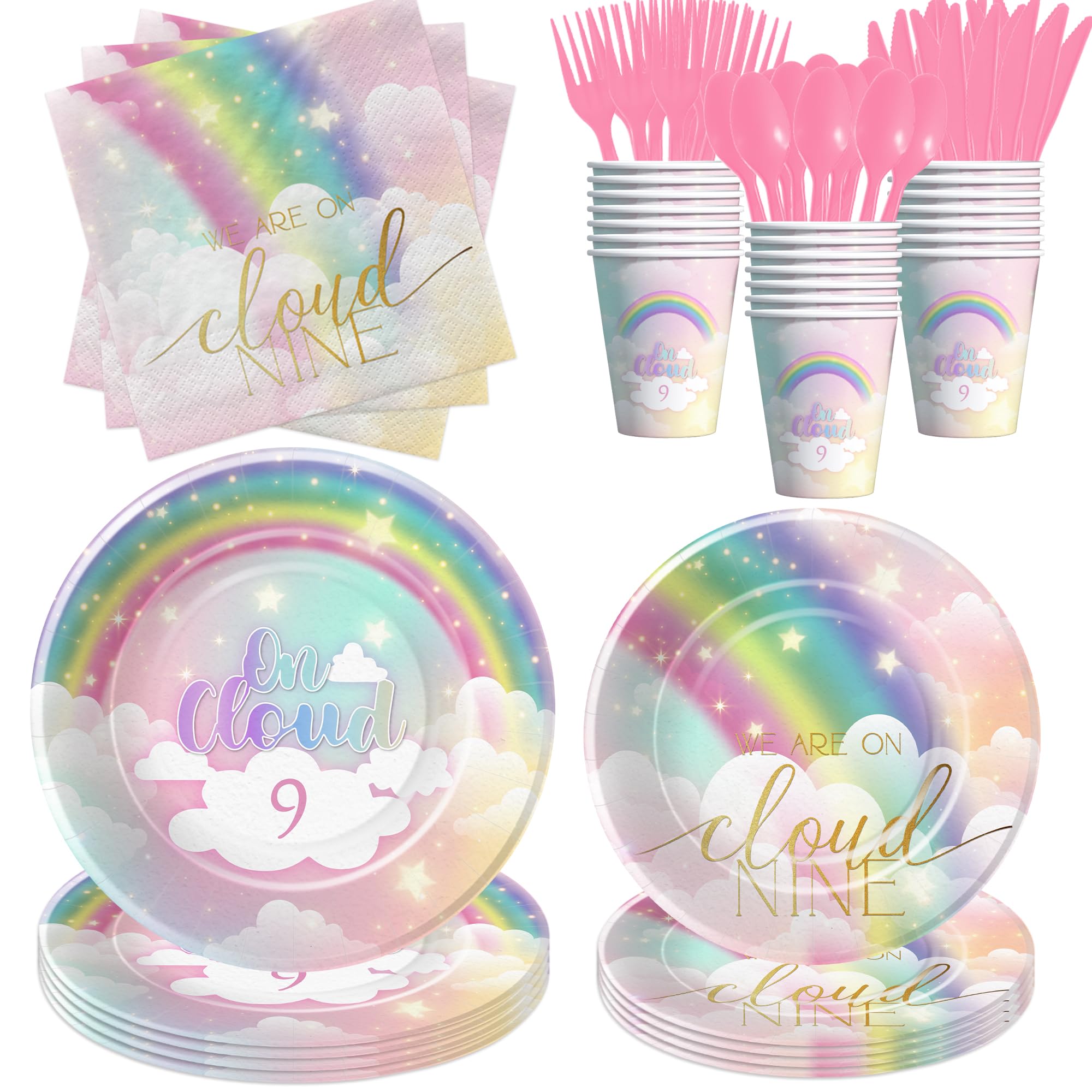 FVABO Pastel Rainbow Cloud 9 Birthday Decorations for Girls Tableware, Were On Cloud Nine 9th Birthday Party Supplies, Disposab