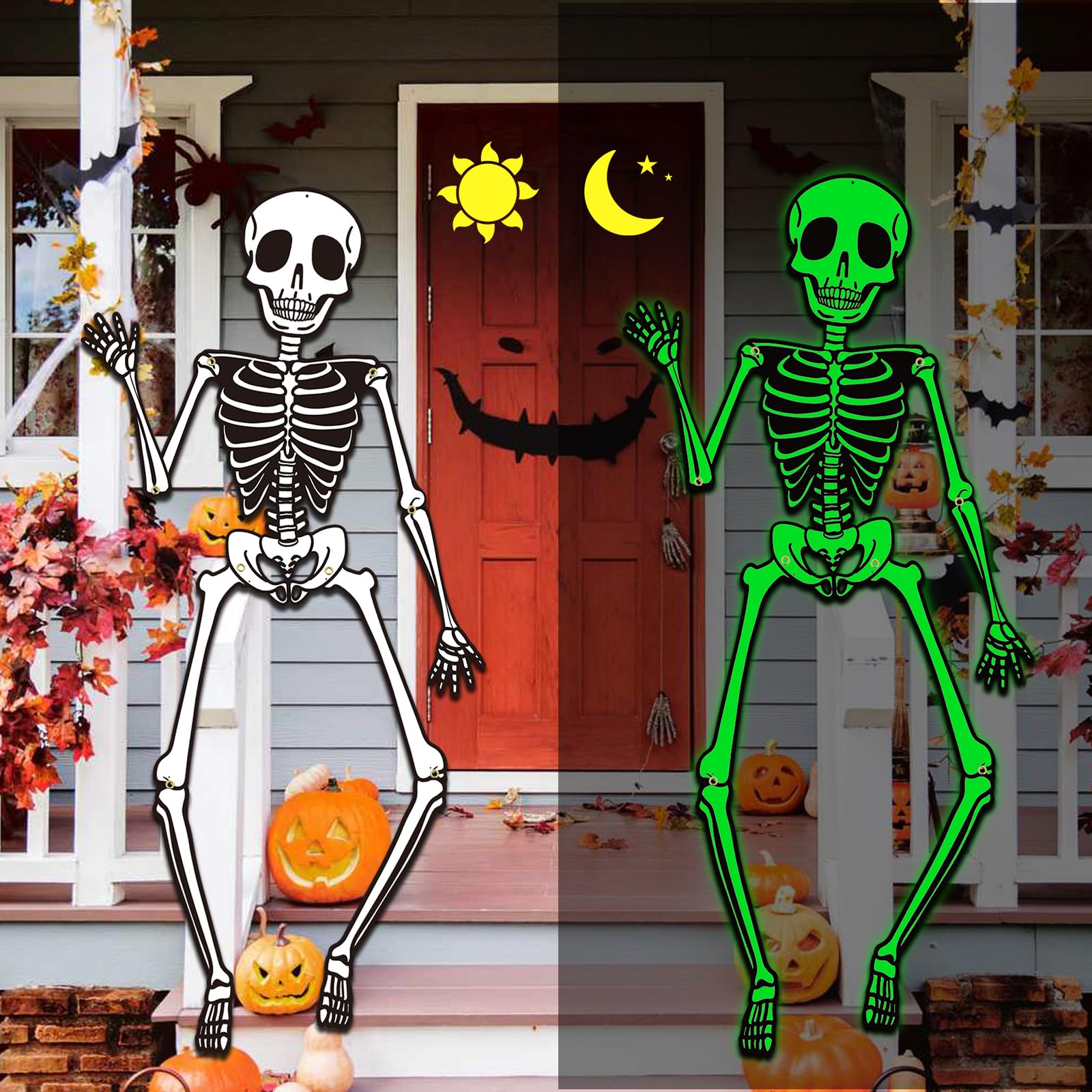 KALEFO Halloween Door Decorations Glow in The Dark Skeleton Party Supplies Skull Hanging Ornaments Outdoor Yard Garden Sign Hang