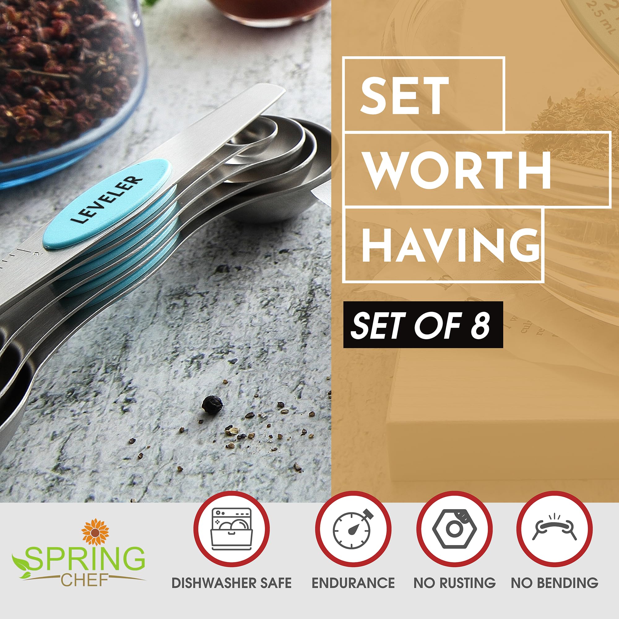 Spring Chef Magnetic Measuring Spoons Set, Dual Sided, Stainless Steel, Fits In Spice Jars, Blue - Aqua Sky, Set Of 8