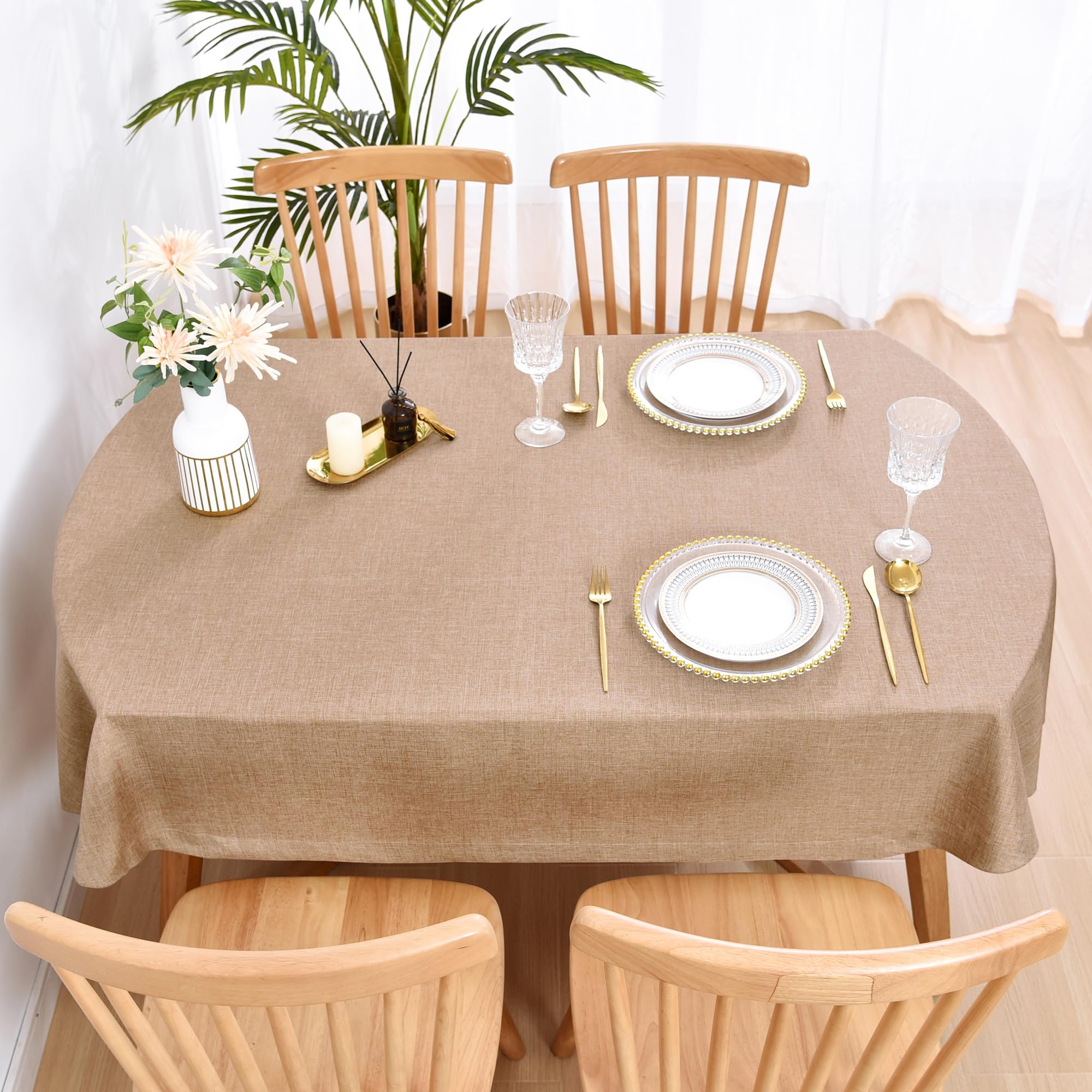 Wolkemer Faux Linen Large Oval Tablecloth Heavy Duty Wrinkle Resistant Fabric Table Cloths 60 x 120 Inch Flaxen Farmhouse Rustic