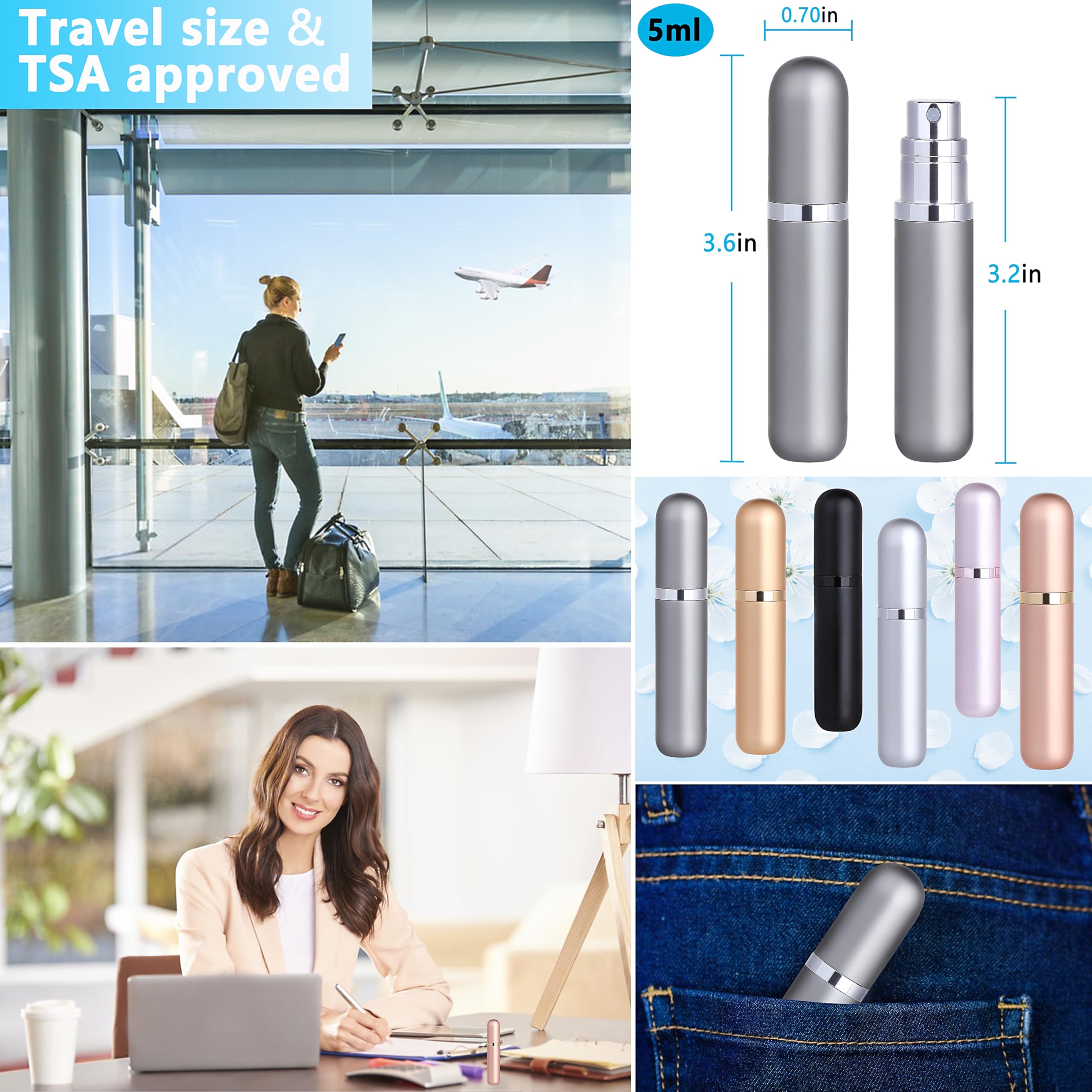 Qavhun Travel Refillable Perfume Atomizer Bottle 3-Pack 5Ml Leakproof Travel Perfume Refillable Bottle (Black & Gold & Silver)
