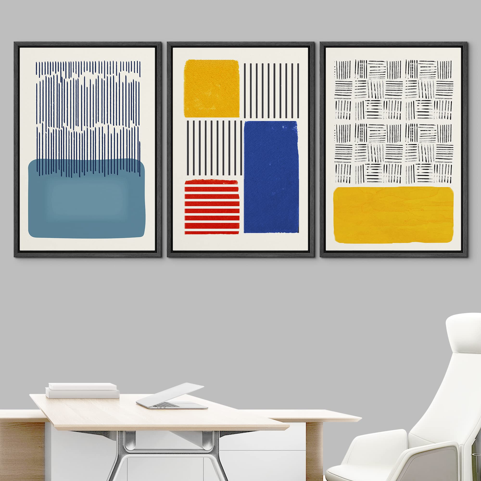 Idea4Wall Framed Canvas Print Wall Art Set Mid-Century Color Block Black Stripe Collage Abstract Shapes Illustrations Minimalism