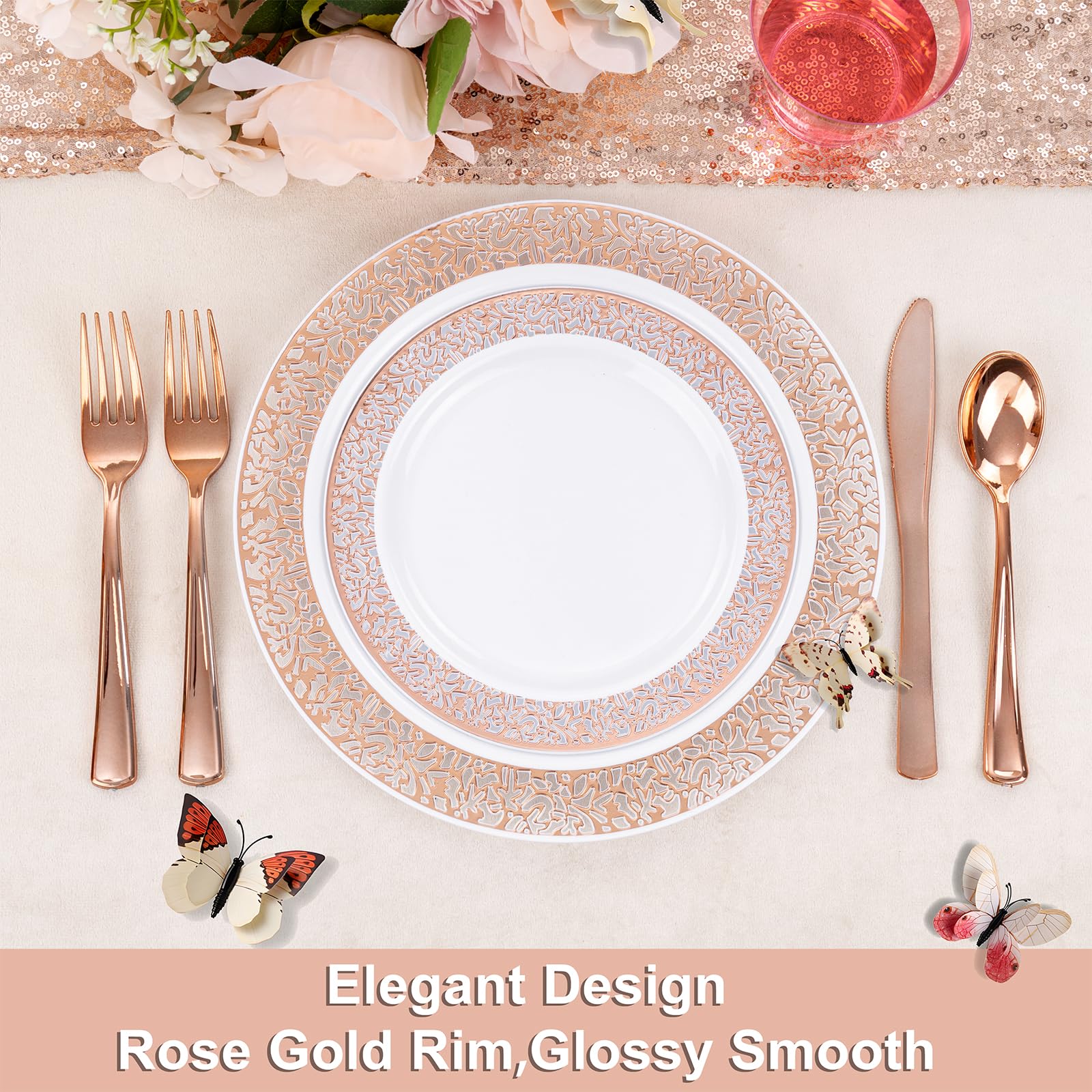 Wellife 350 Pieces Valentines Rose Gold Plastic Dinnerware, Disposable Rose Gold Lace Plates, Include:50 Dinner Plates, 50 Desse