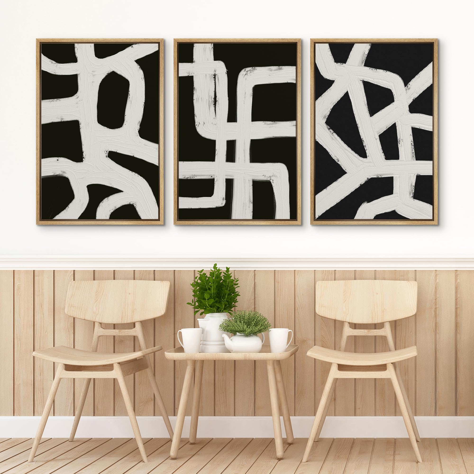 Signford Framed Canvas Print Wall Art Set Minimalist White Brushstrokes On Black Background Illustrations Modern Art Relax/Calm