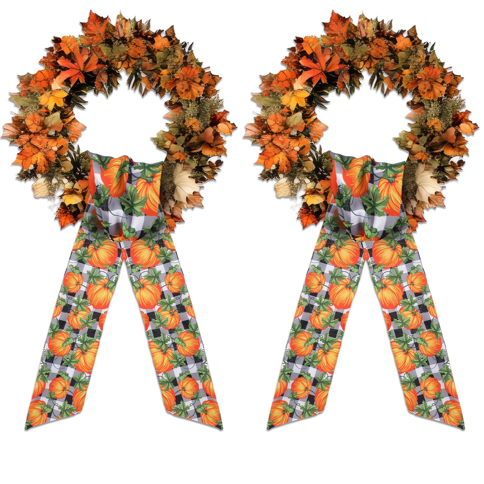 Pumpkin Wreath Sash for Front Door - 2 Pcs Orange Fall Sashes for Wreaths Autumn Home Decor, 60 Inch Black White Plaid Wreath Sa