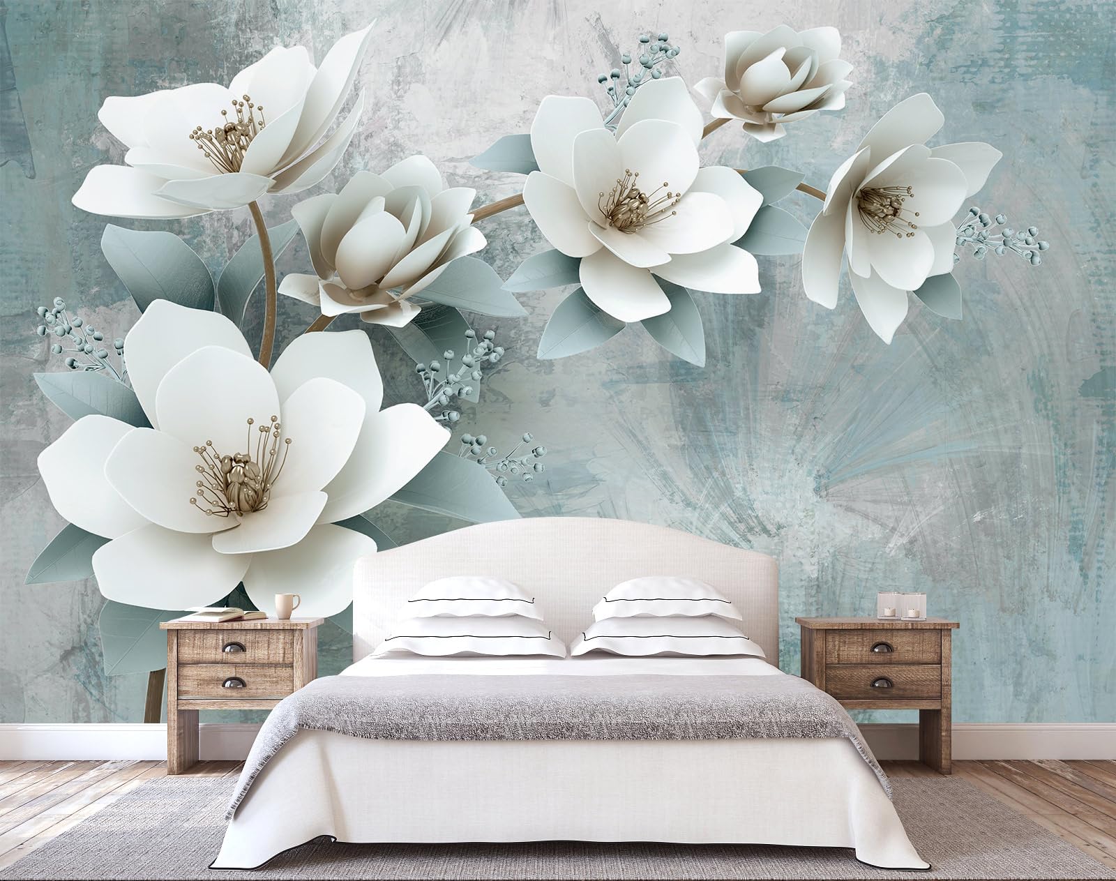 WFBHUA-Green Floral Wallpaper Mural Modern Large 3D Art Flower Wallpaper for Living Room Bedroom Bathroom Wall Mural(Not Peel an