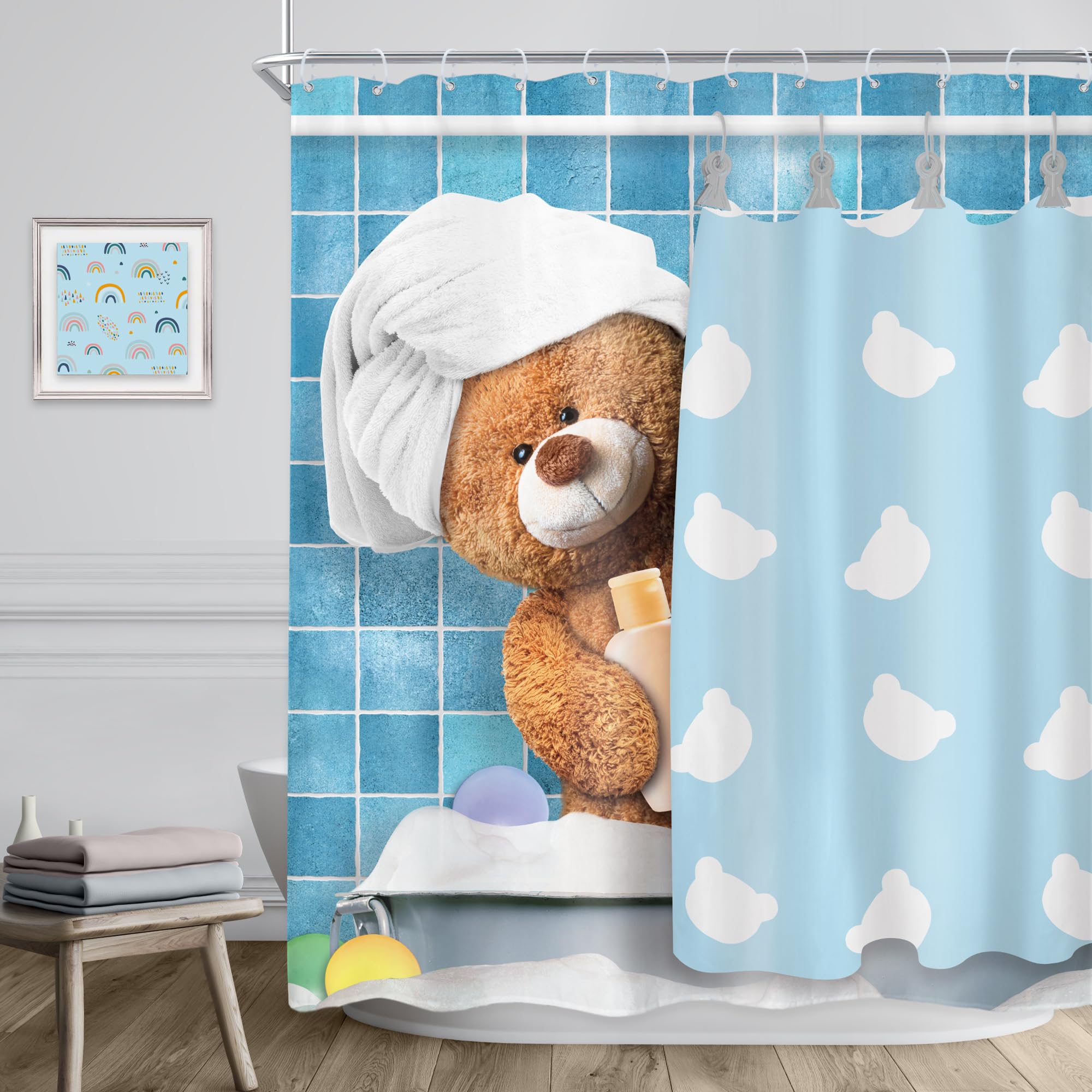 Riyidecor Funny Bear Shower Curtain 60Wx72H Inch Kids Cute Cartoon Blue Bathing Animal In Bathtub Bubbles Lovely Modern For Boys