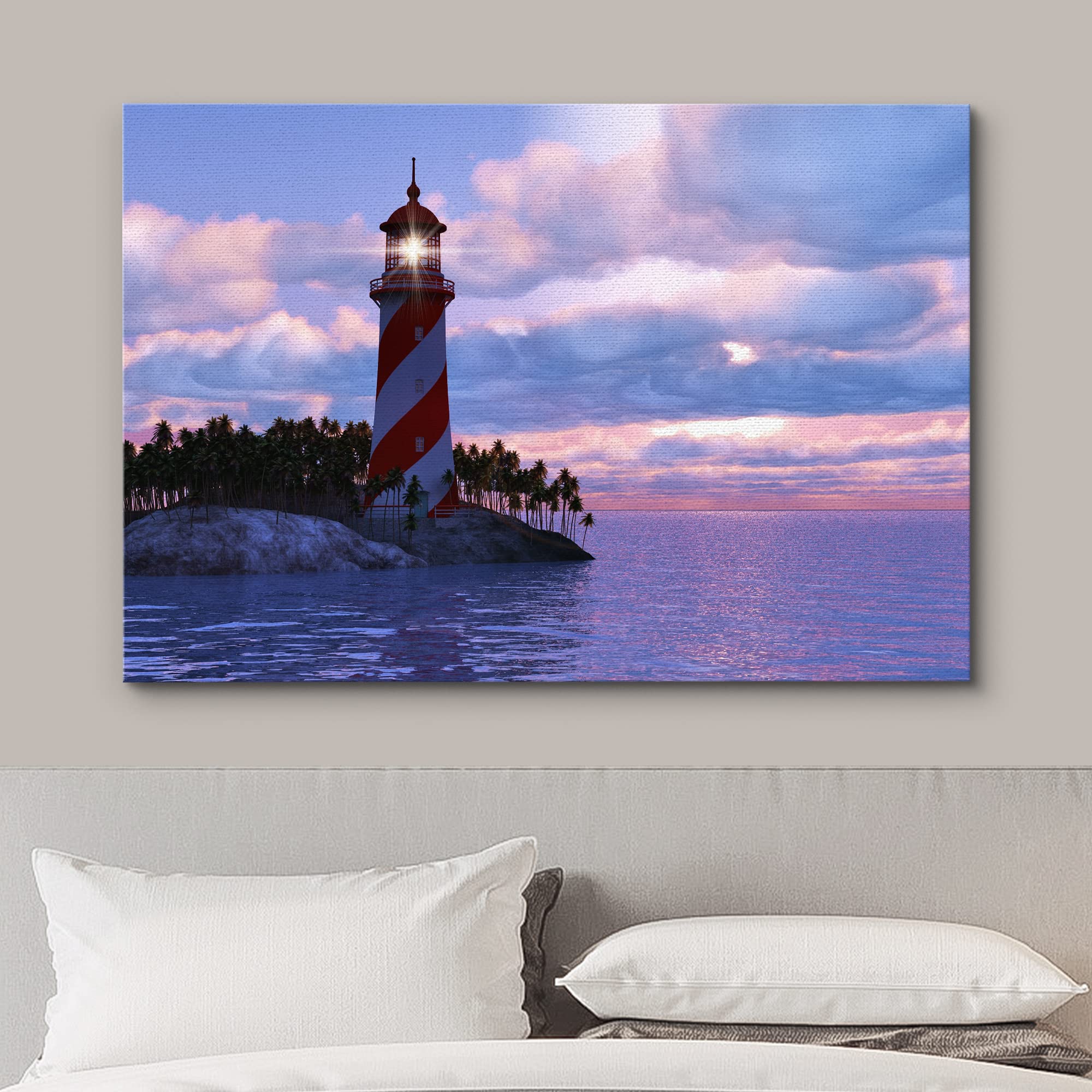 Wall26 Canvas Print Wall Art Dramatic Purple Sky Over Striped Island Lighthouse Nature Wilderness Photography Modern Art Rustic