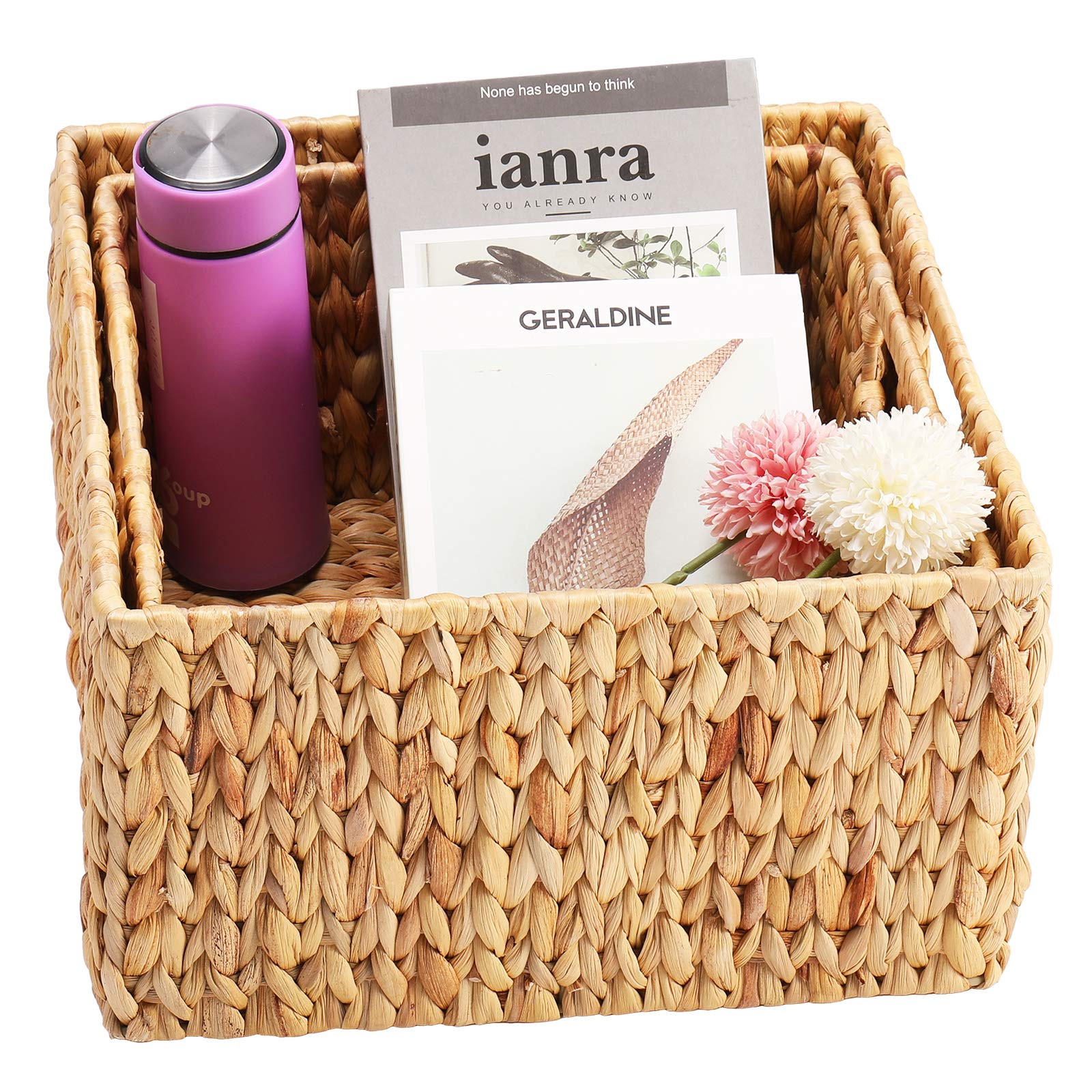 HOONEX Water Hyacinth Storage Baskets for Organizing  Decorative Wicker Baskets with Carrying Handles  Set of 2  Natural
