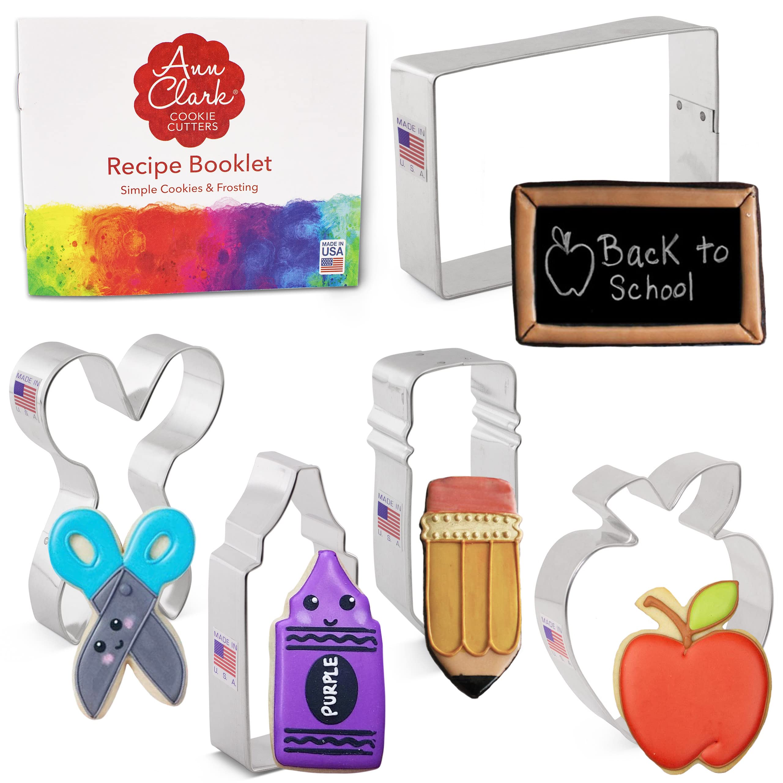 Back To School And Teacher Appreciation Cookie Cutters 5-Pc. Set Made In Usa By Ann Clark, Apple, Pencil, Crayon, Scissors, Pape