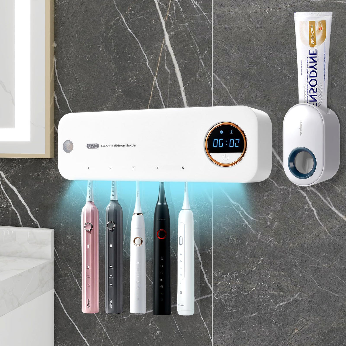 Gfbebdvtoothbrush Cleaner And Automatic Toothpaste Extruder Set,Toothbrush Holder Cleaner,Fan Drying And Timerfunction,Automatic
