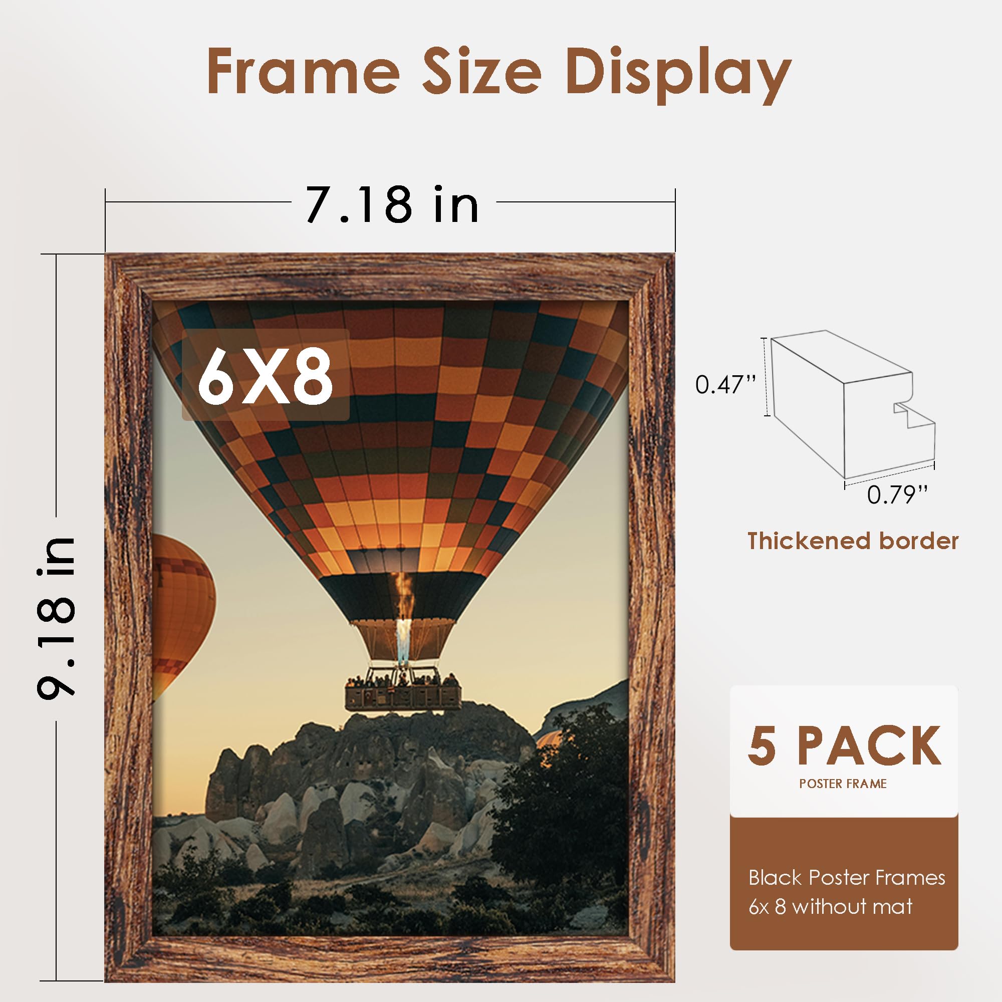 Fisnish 6x8 Picture Frame 5 Pack, Classic Brown Photo Frame for Hanging or Tabletop Display