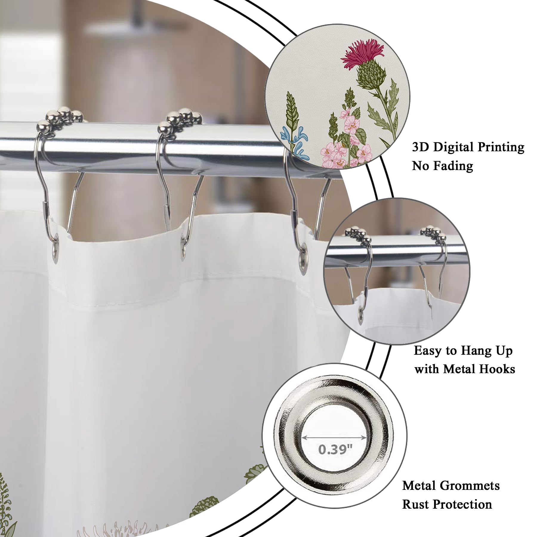 Riyidecor Clawfoot Tub Extra Wide Shower Curtain 180Wx70H Inch Wrap All Around Circular Round Floral Wildflower Botanical Tulip Plants Ivy Herbs Decor Bathroom Polyester Waterproof Metal Hooks 32 Pack