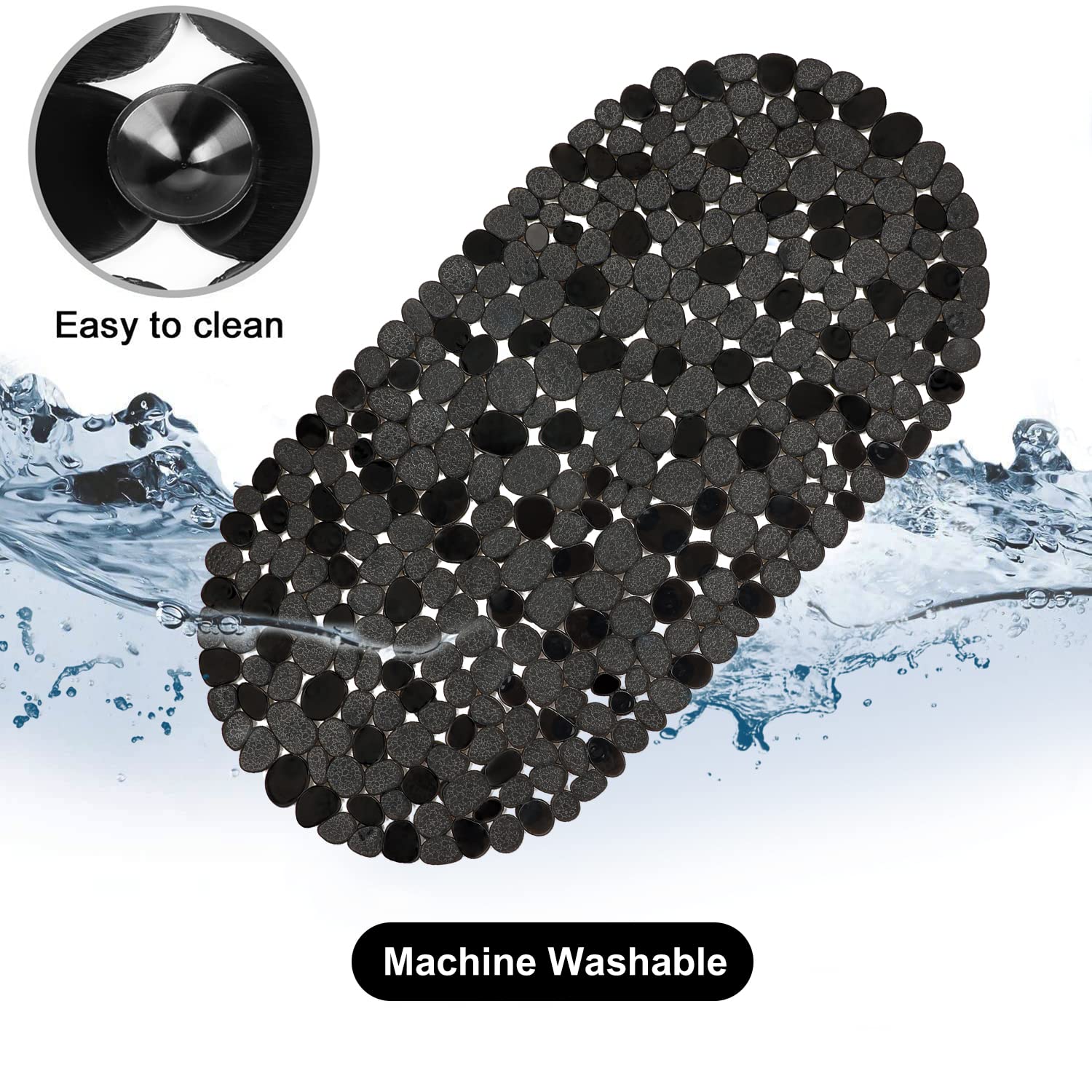 Weltrxe Pebbles Bath Mat For Tub Black Non-Slip Bathtub Mat With Suction Cups, Drain Holes For Bathroom Showers, Tub, Machine Wa