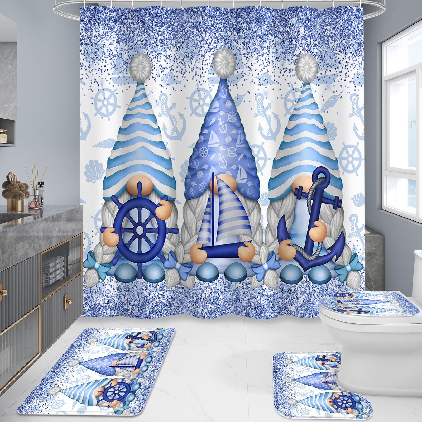 Litabel 4 Pcs Winter Gnomes Shower Curtain Set With Non-Slip Rugs, Toilet Lid Cover And Bath Mat, Nautical Marine Bathroom Decor