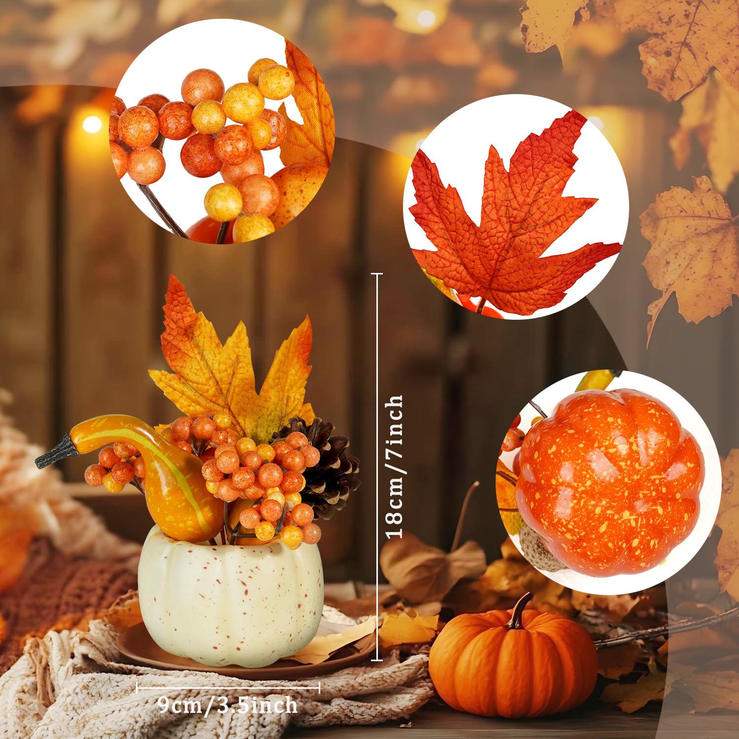Artmag Set of 6 Artificial Pumpkins Decorations, Decorative Orange Pumpkin with Maple Berry Acorn Pine Cone Vegetables for Fall
