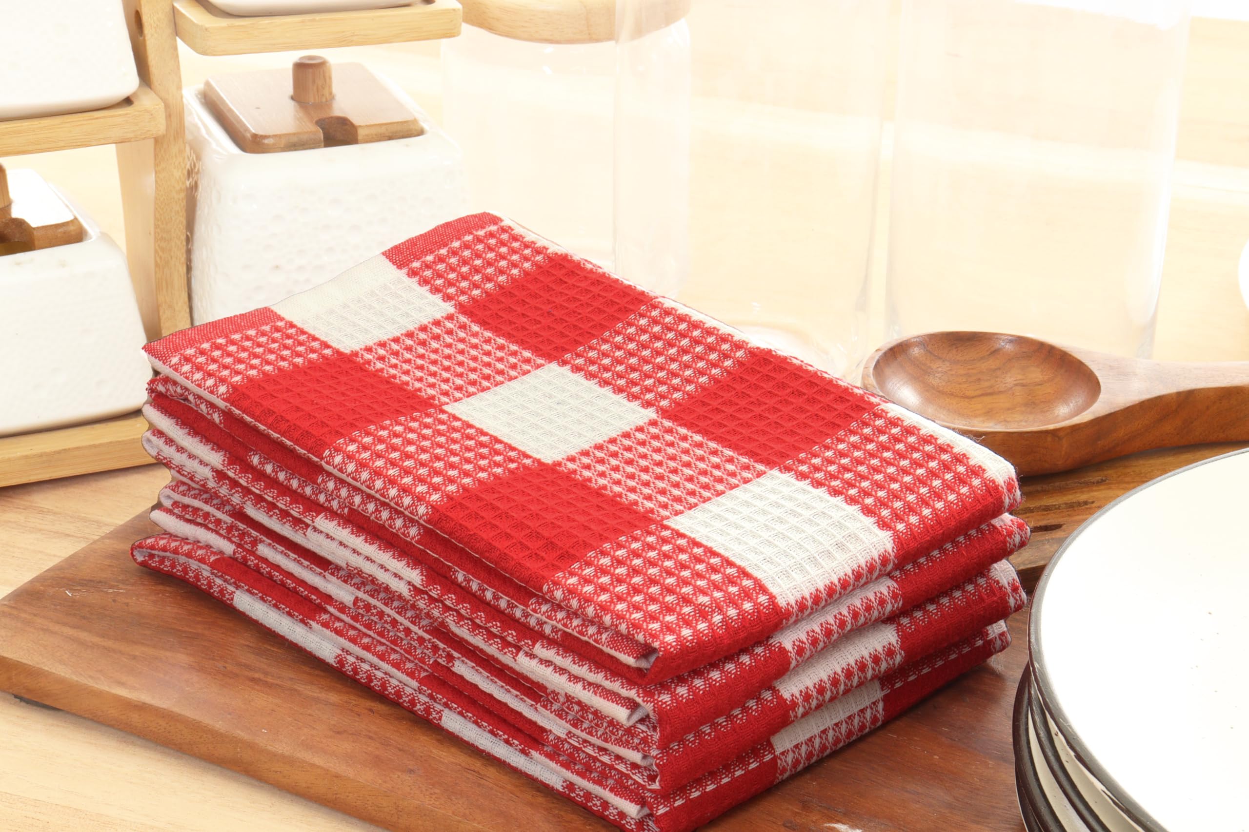 PurpleEssences 100% Cotton Waffle Weave Check Plaid Kitchen Towels, Super Soft and Absorbent Dish Towels for Drying Dishes 15x25