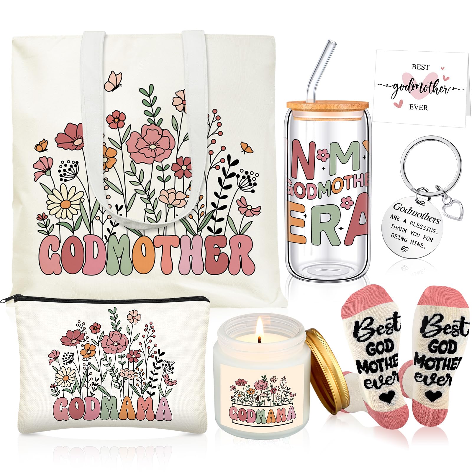 Funnymoom 6 Pcs Godmother Proposal Gifts Set Will You Be My Godmother Birthday Gifts with 17 oz Glass Cup Tote Bag from Godchild