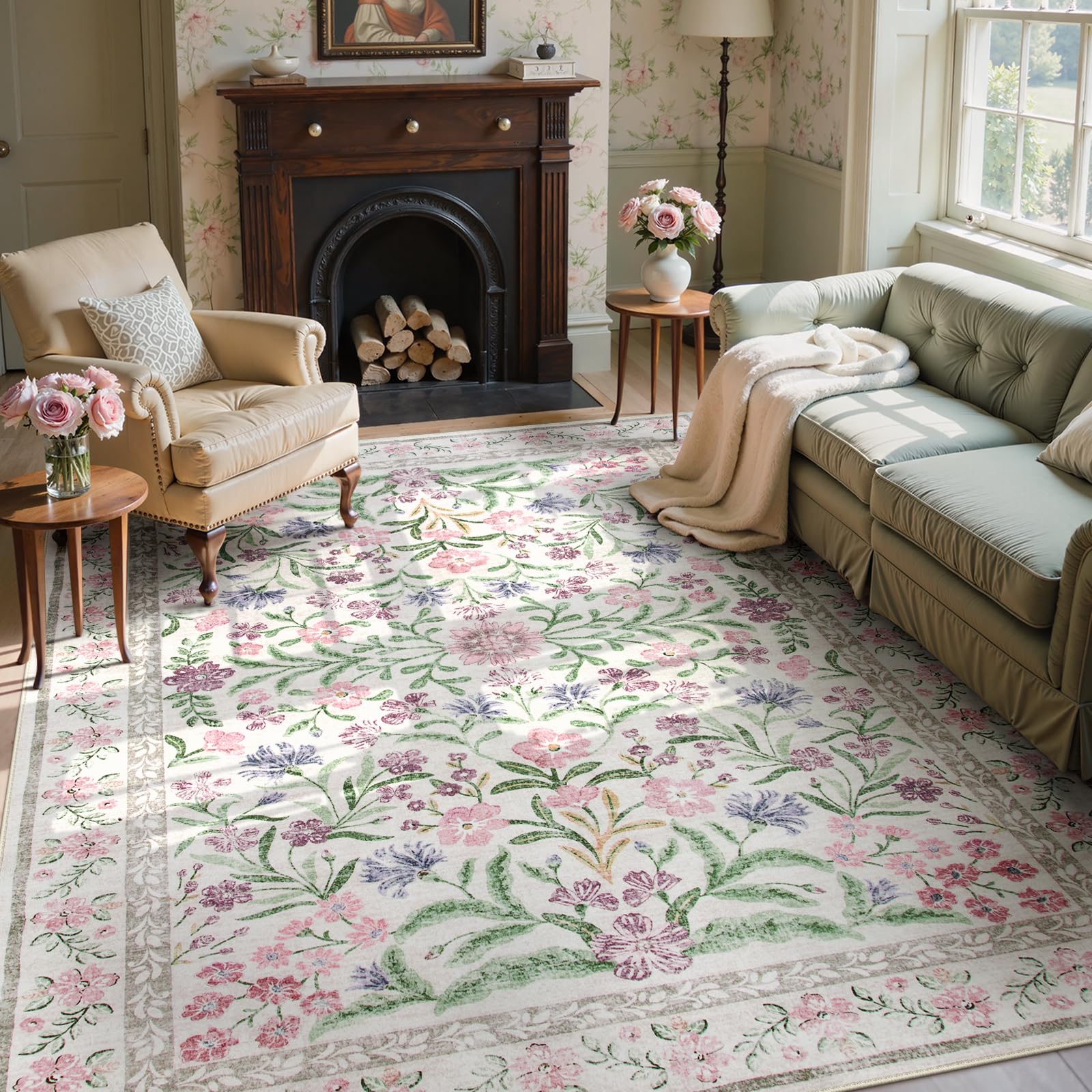 Wonnitar Purple Floral 8x10 Area Rugs, Washable Rug for Living Room, Soft Ultra-Thin Non-Shedding Large Indoor Boho Carpet for B