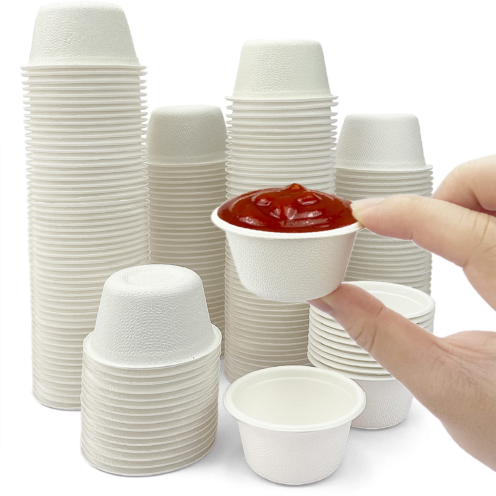 Camkyde 2 Oz Disposable Bagasse Fiber Souffle Cups 100Pk, 100% Natural Biodegradable Compostable Condiment Cups Sample Cups Tast