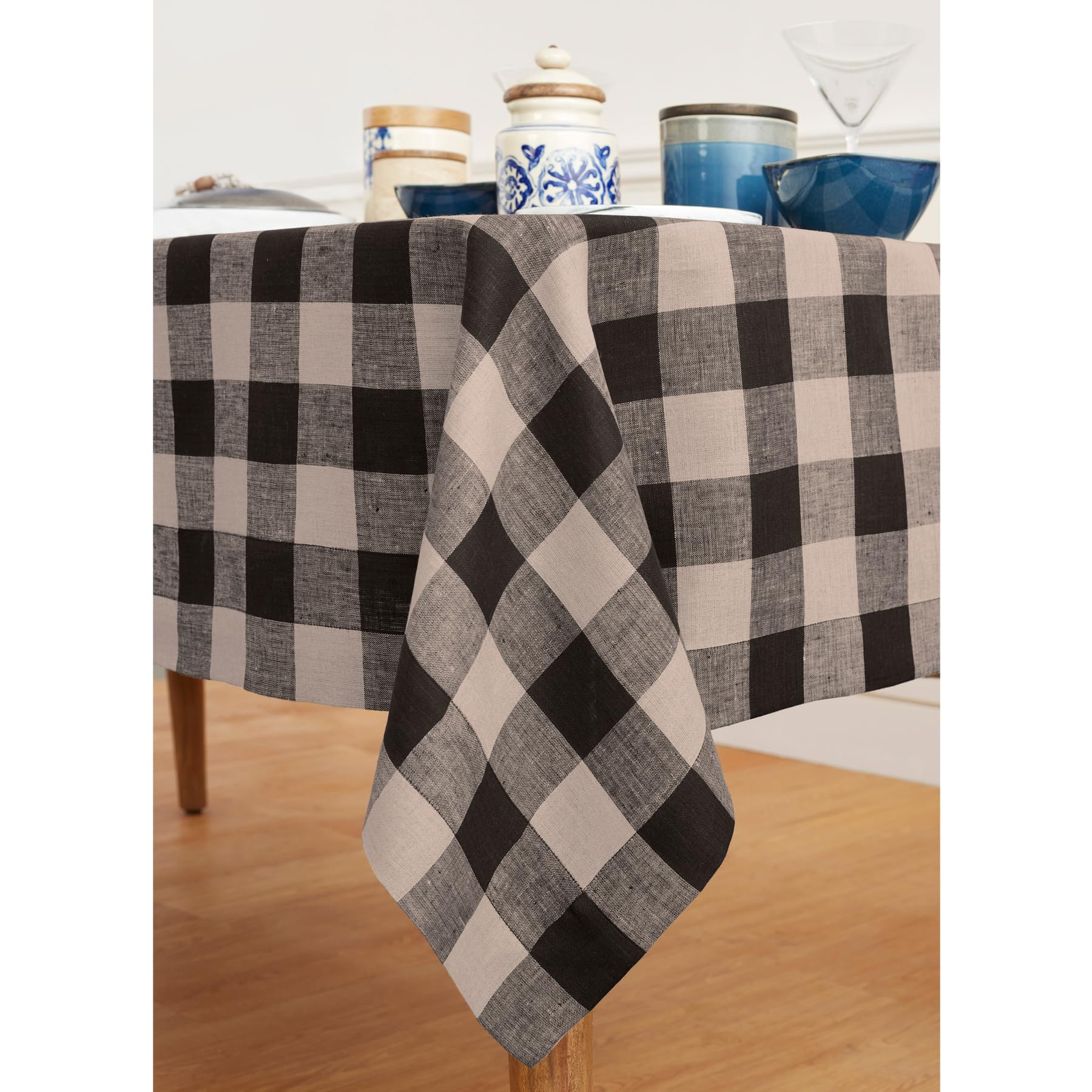 Solino Home Buffalo Check Linen Tablecloth 108 '' L X 60 '' W Inch - 100% Pure Linen Natural And Black Spring Plaid Tablecloth -