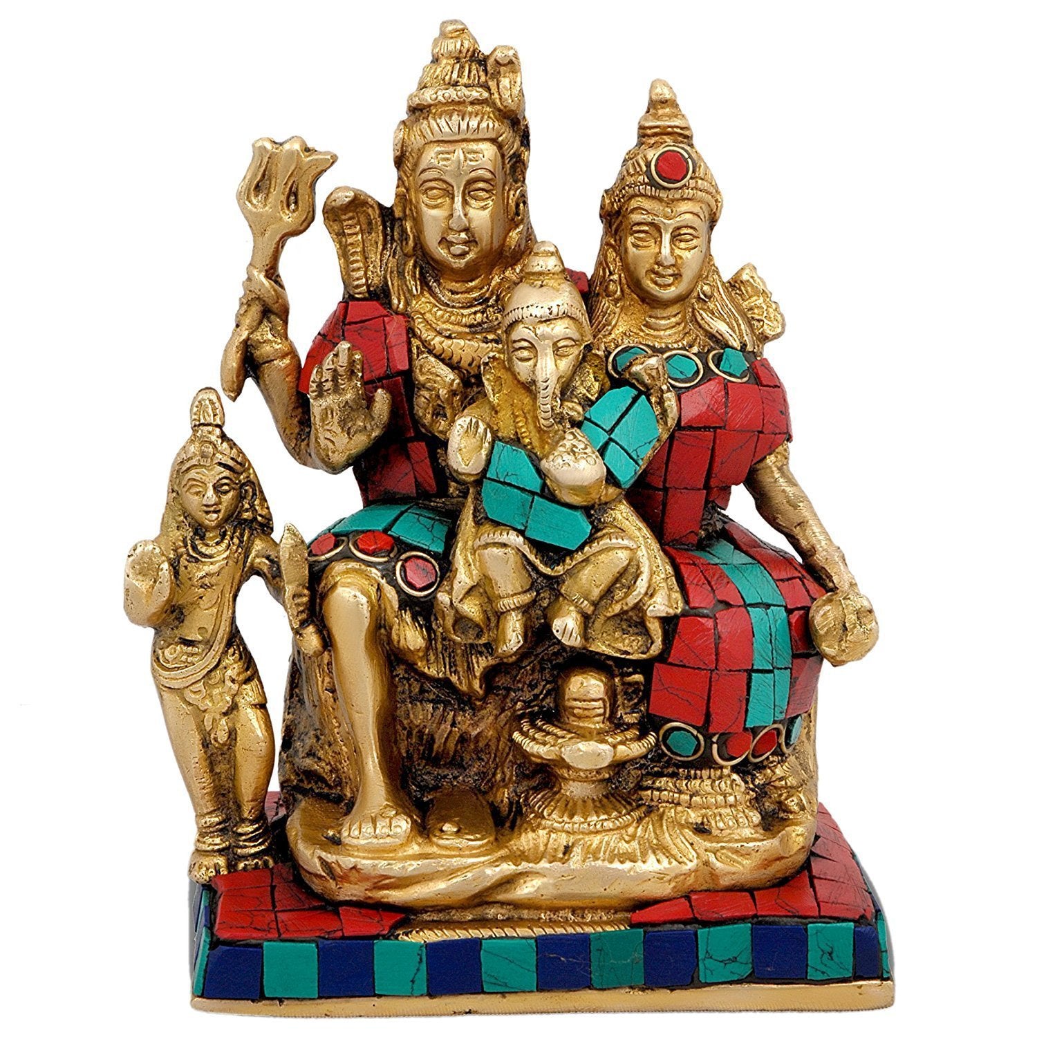 Idol Collections Shiva Family Brass Sculpture - Shiv Shankar Ganesh Parvati Karthikey In Brass Statue (Height- 6 Inches).