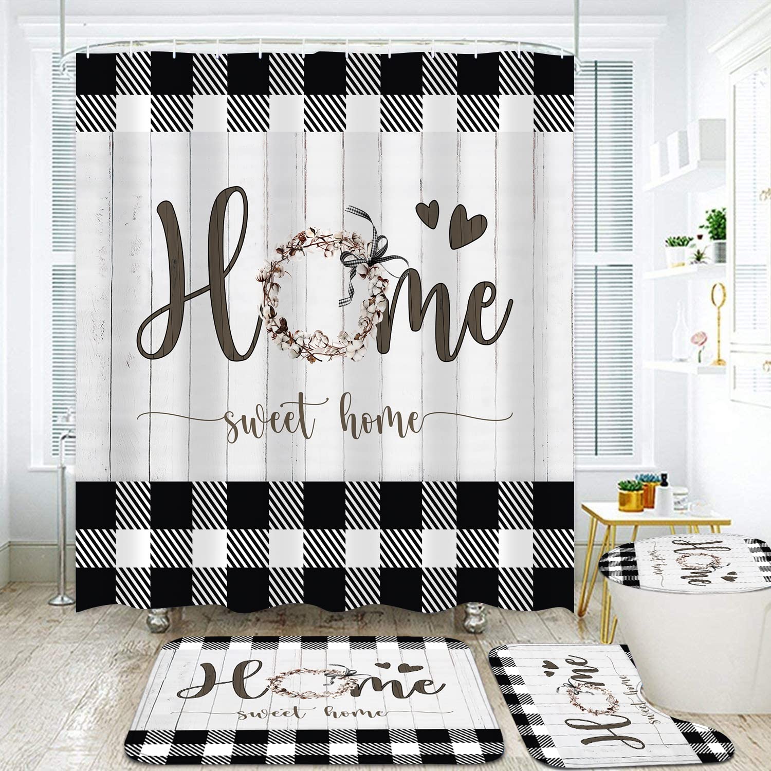 FZDHHY 4PCS Fall Bathroom Set Pumpkin Shower Curtain Set Thanksgiving Bathroom Decor Set Autumn Shower Curtains for Bathroom wit