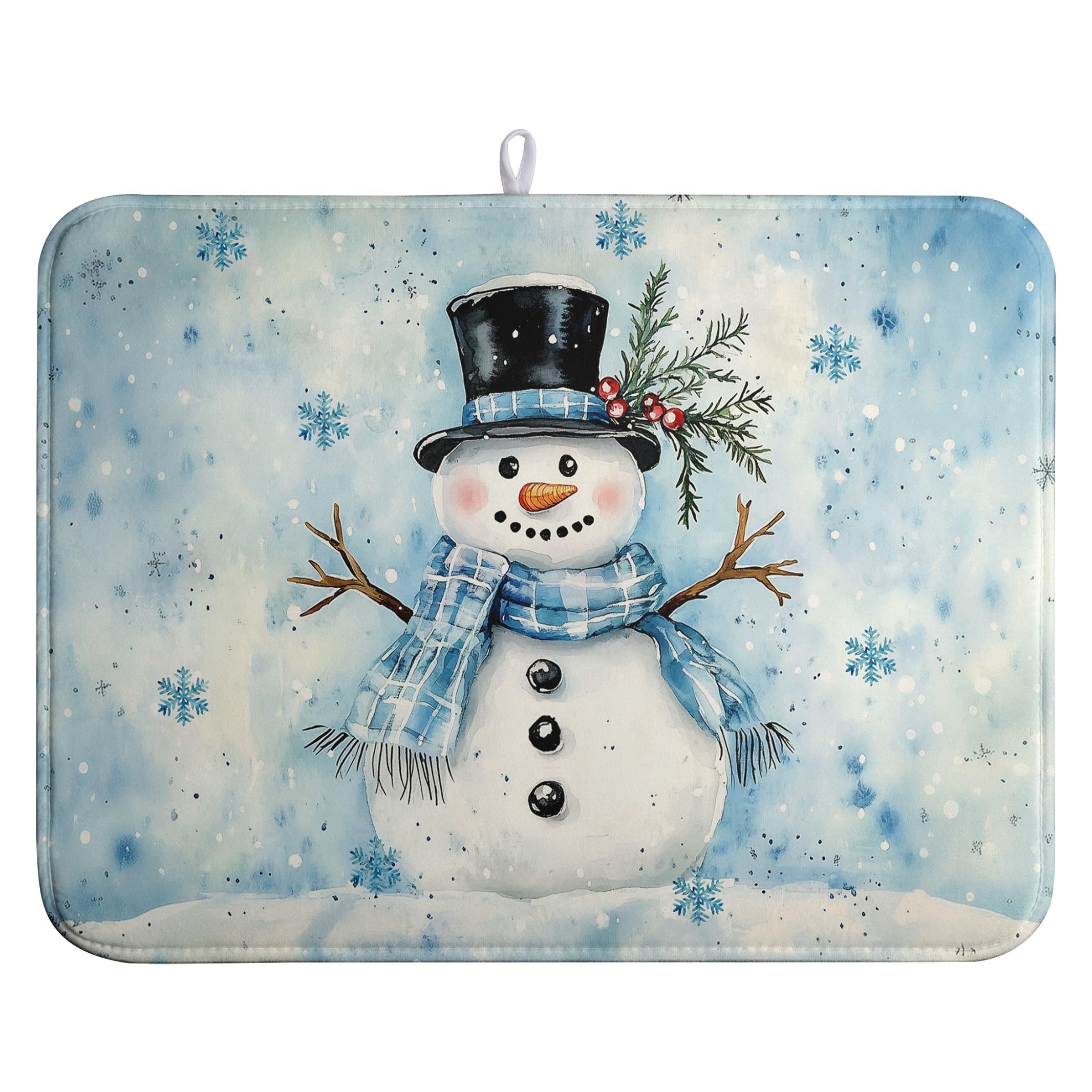 Snowman Super Absorbent Dish Drying Mat, 18x24 Inch, Winter Blue Snowflake Dish Drainer Rack, Large, Microfiber Dry Mat, Christm