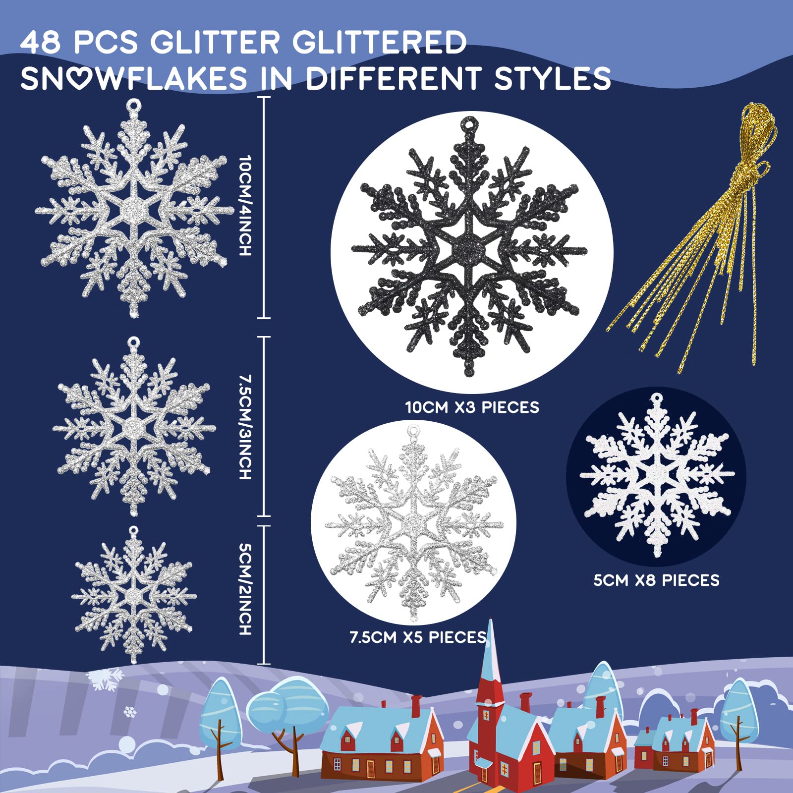 Sumind 48 Pieces Christmas Snowflake Ornaments 3 Sized 2, 3, 4 Inches Plastic Glittered Snowflakes Hanging Tree Decoration Winte