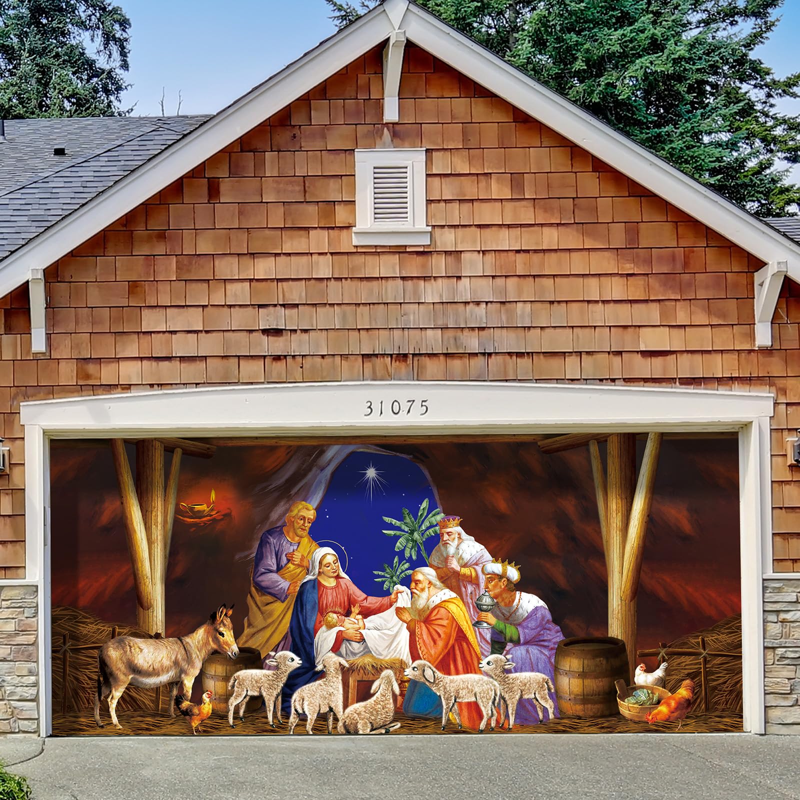 Wesiti Christmas Nativity Garage Door Cover 6 x 13 ft Religious Jesus Merry Christmas Garage Door Banner Backdrop Nativity Scene