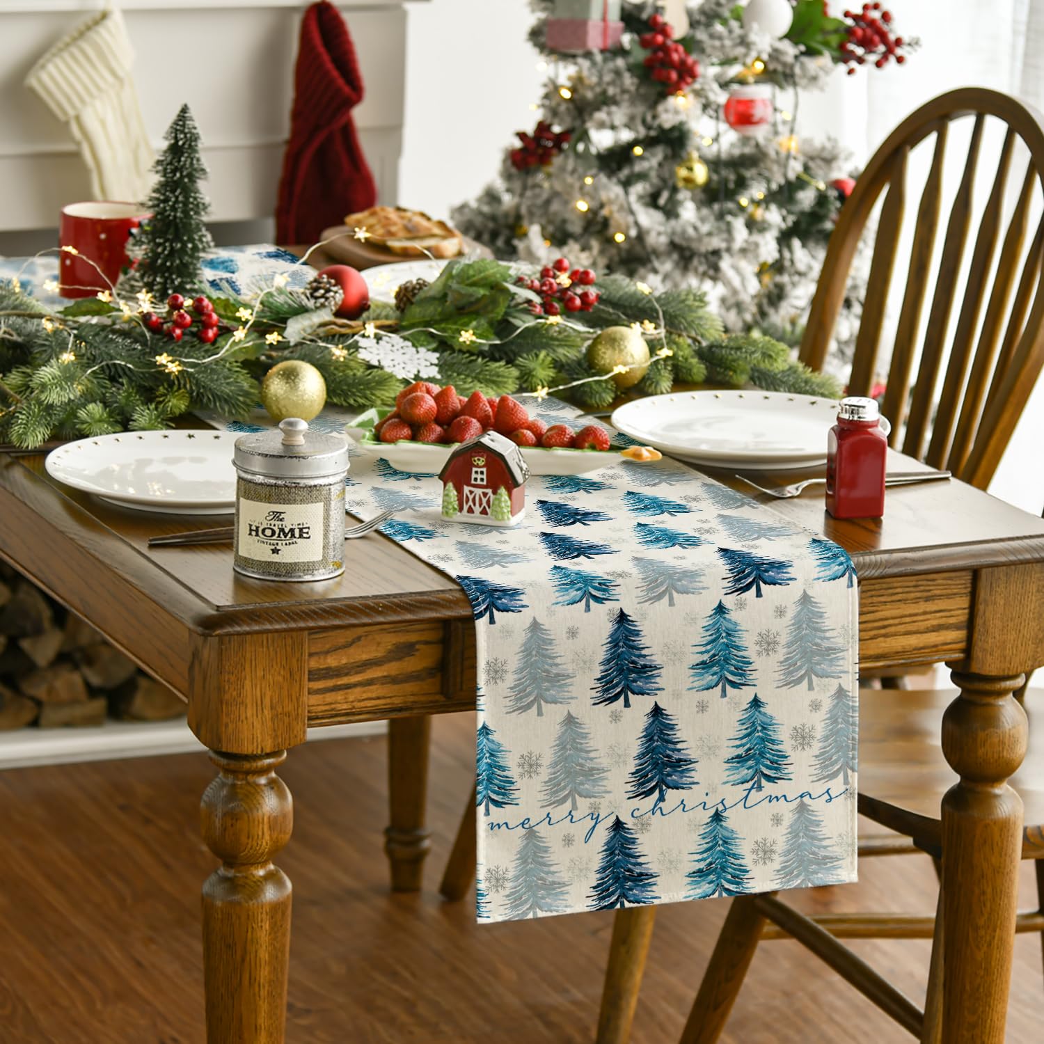 Artoid Mode Xmas Trees Snowflake Christmas Table Runner, Seasonal Winter Blue Kitchen Dining Table Decoration For Home Party Dec