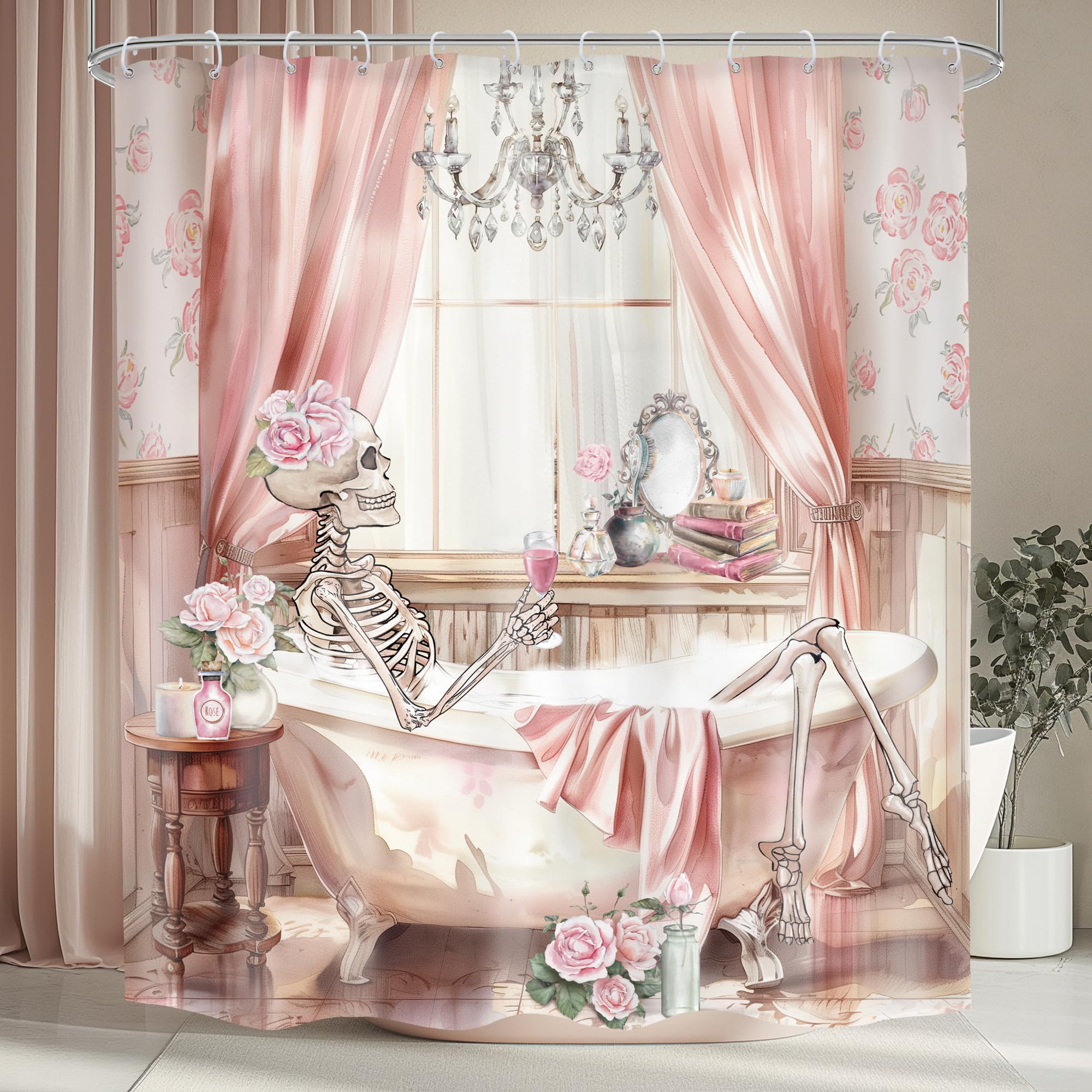 Mitpok Pink Funny Skull Shower Curtain 60Wx72H Vintage Rose Skeleton Spooky Bathtub Flower Floral Bathroom Decor Retro Elegant U