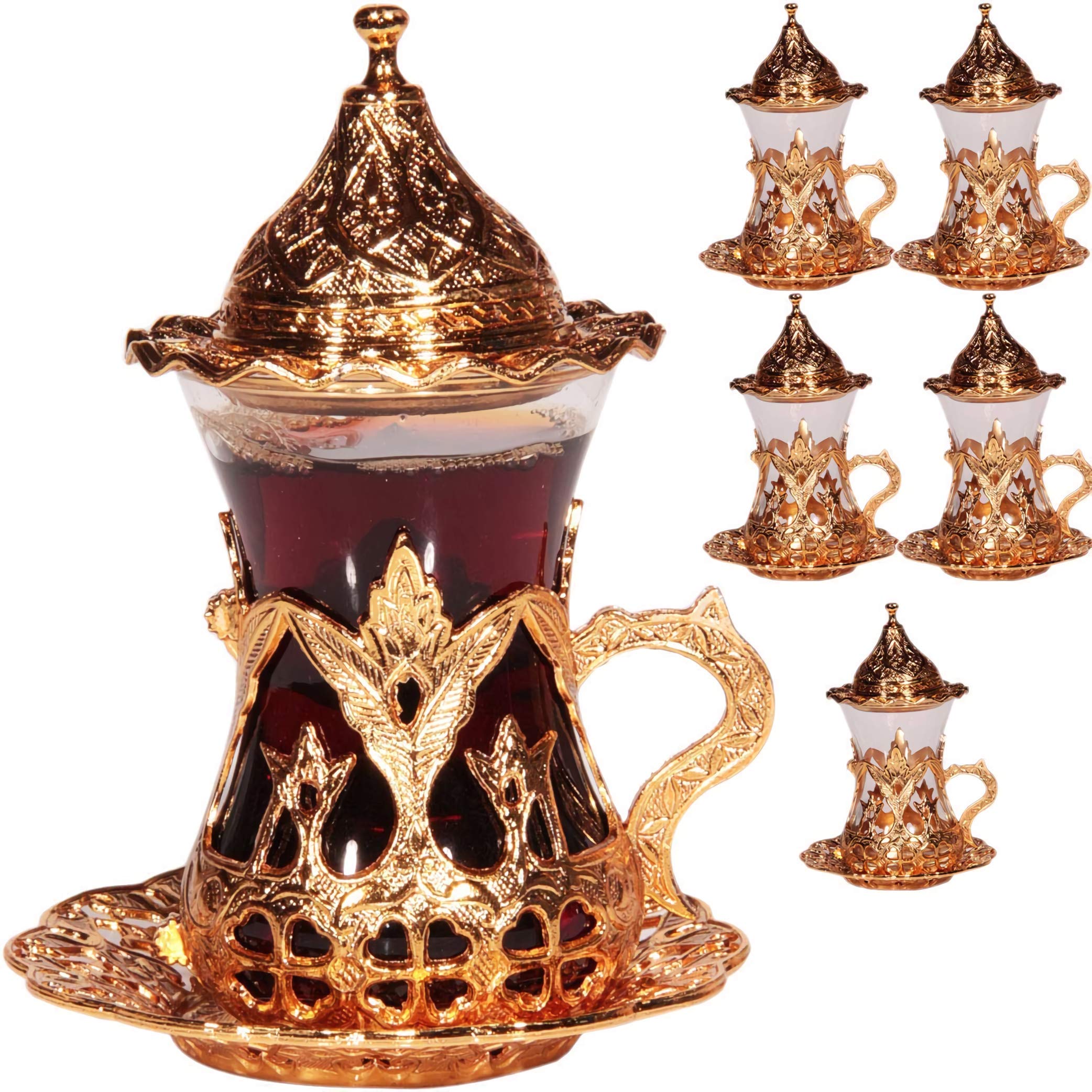Alisveristime (Set Of 6 Handmade Turkish Tea Water Zamzam Serving Set Glasses Saucer (Gold)