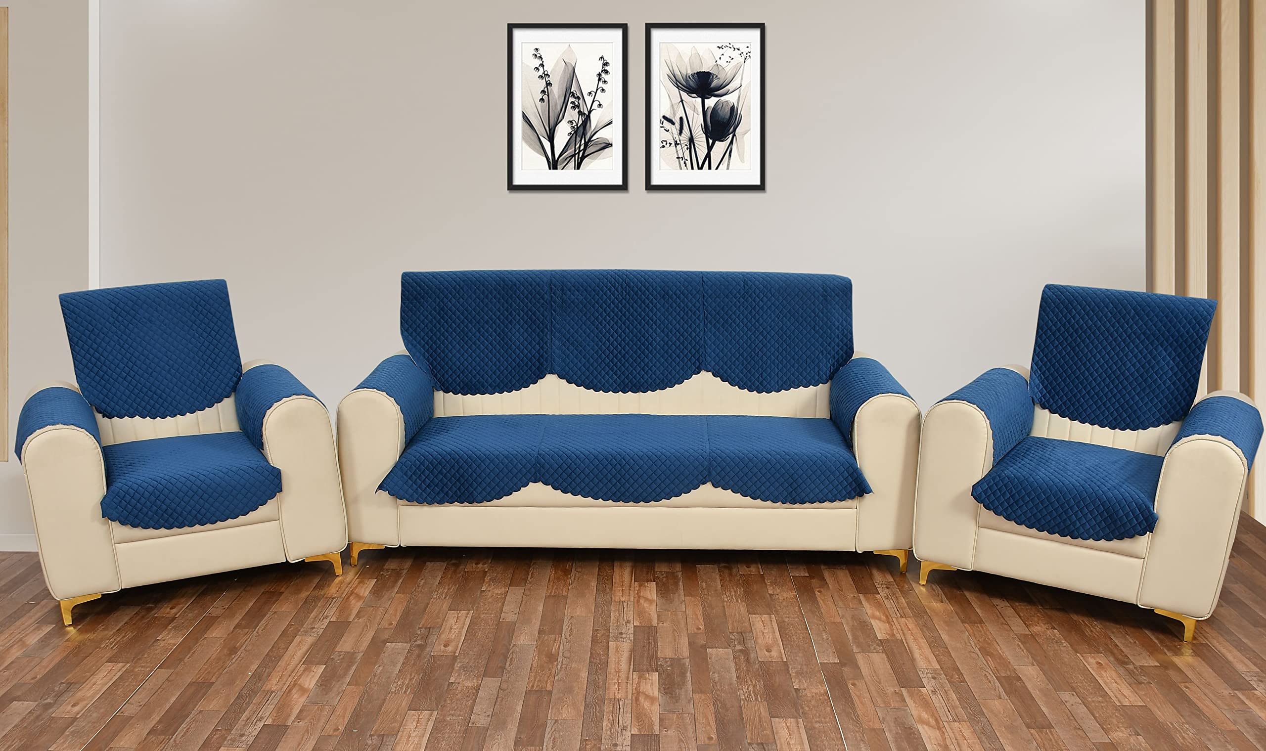 Yellow Weaves 5 Seater Self Design Quilted Sofa Cover And Chair Cover With Arm Cover, Seat & Back Cover, Color - Blue, Velvet