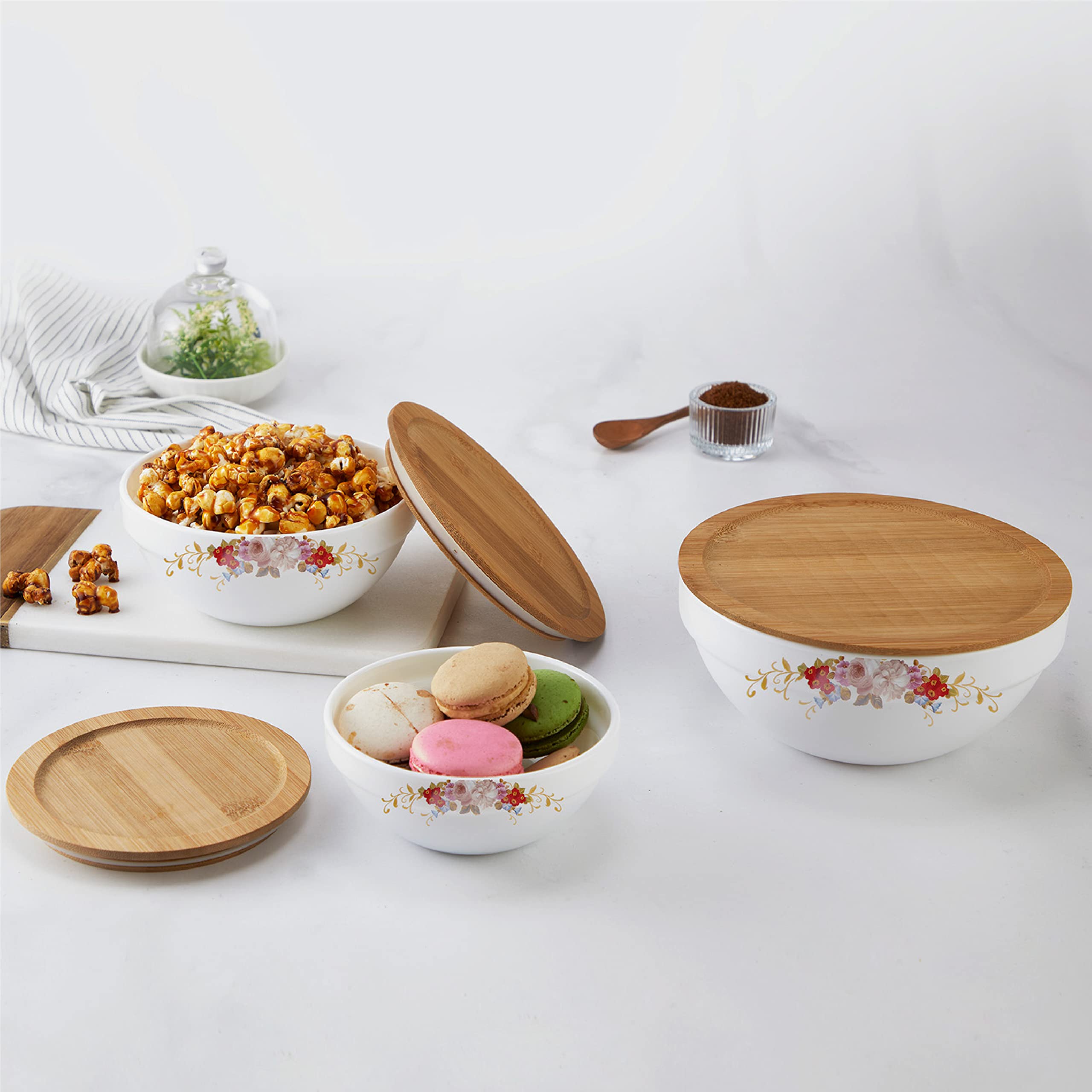 Cello Opalware Royale Mixing Bowl Set With Bamboo Lid - Fabula 500Ml, 1000Ml, 1500Ml, White, 3 Units