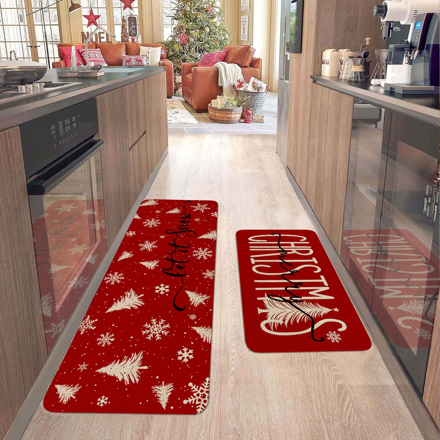 HSOWKDN Red Merry Christmas Kitchen Mat Decor, Xmas Tree Snowflake Winter Holiday Christmas Kitchen Rugs Sets of 2, Christmas Ru