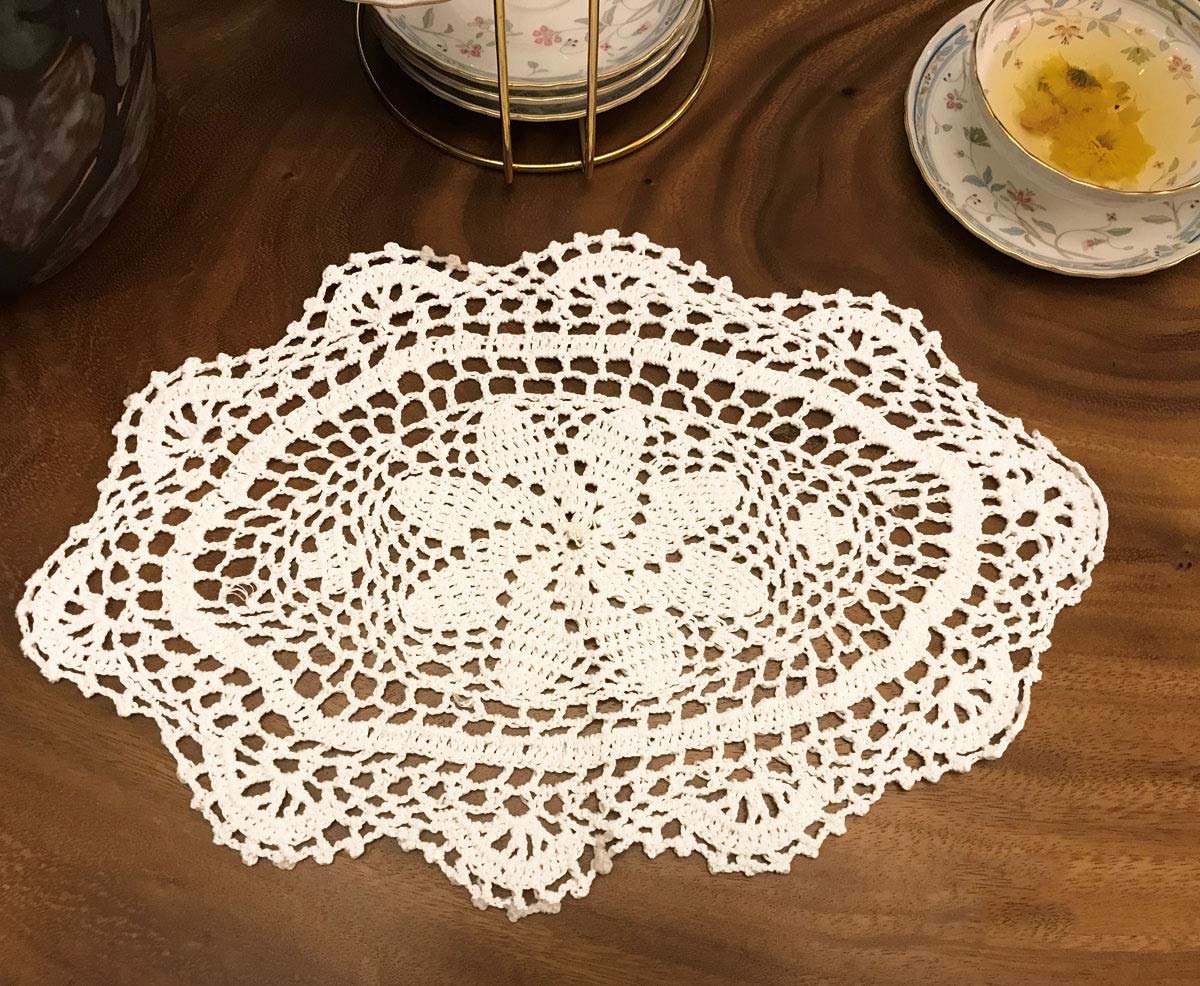 Janef White Handmade Crochet Cotton Table Mats Lace Doilies Doily Oval Lace Placemats 11 By 15 Inches 2Pc.