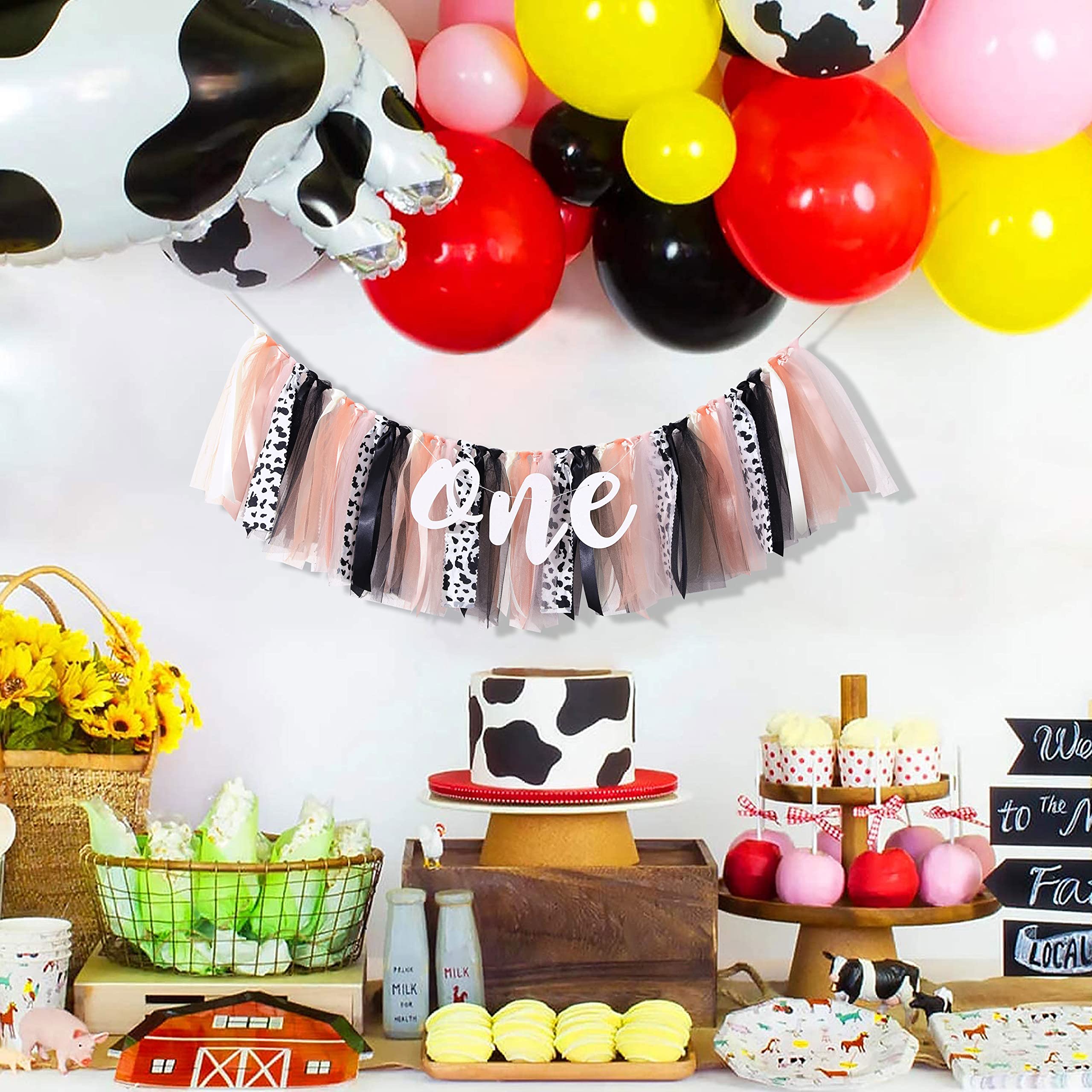 Cow Theme High Chair Banner Tutu Skirt - Farm Peach Coral Birthday Decoration - 1St/First Highchair Banner,Girl Birthday Party P