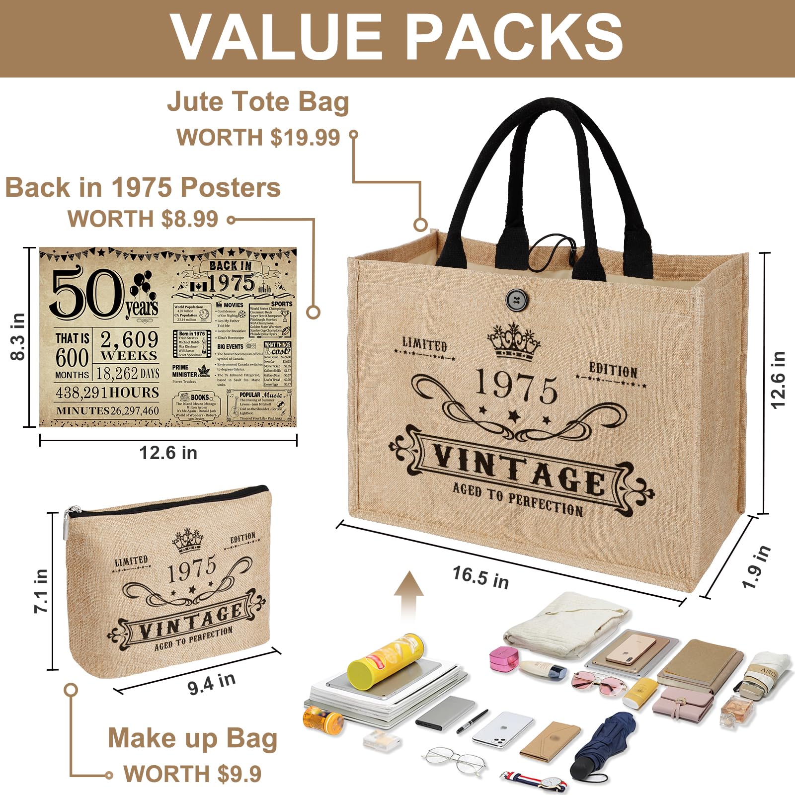 YeohJoy 50th Birthday Gifts for Women Jute Tote Bag, Vintage 1975 Burlap Bag with Cosmetic Bag and Back in 1975 Poster, Unique 5